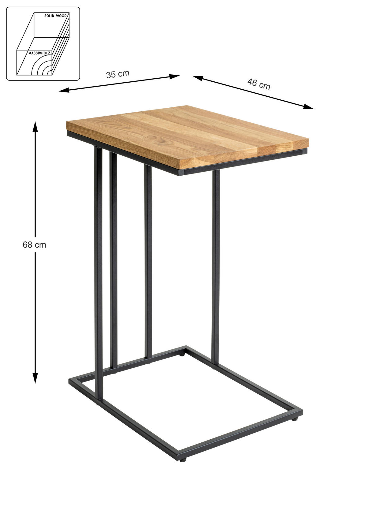 BEISTELLTISCH 35/46/68 cm Eiche Hartholz Schwarz, Eichefarben rechteckig  - Eichefarben/Schwarz, Trend, Holz/Metall (35/46/68cm)
