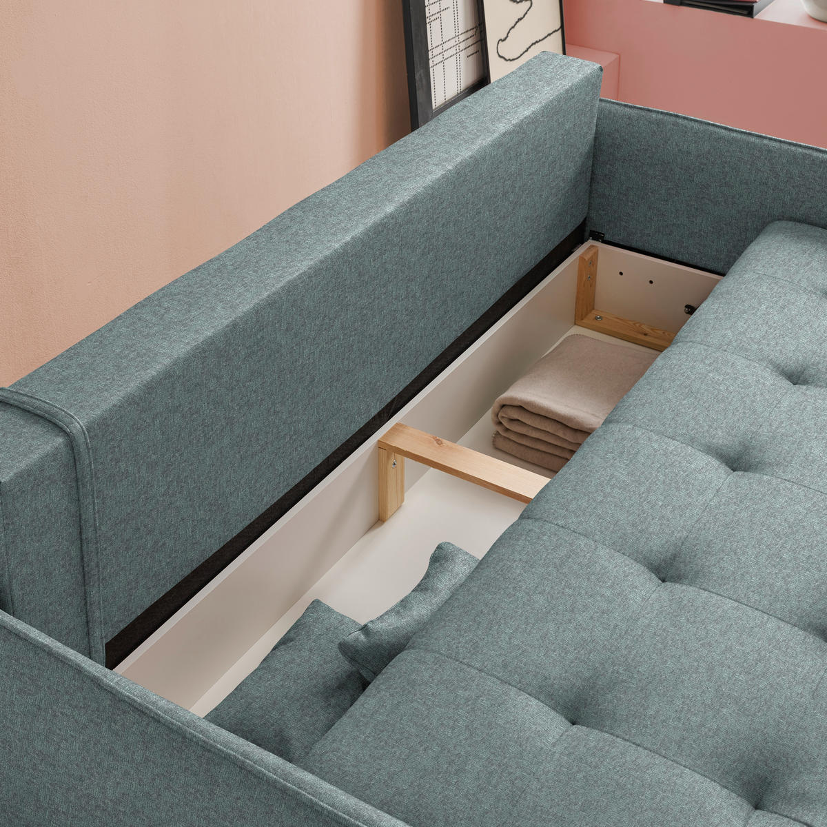 SCHLAFSOFA  in Chenille Mintgrau  - Mintgrau/Buchefarben, Design, Holz/Textil (217/97/101cm) - Carryhome