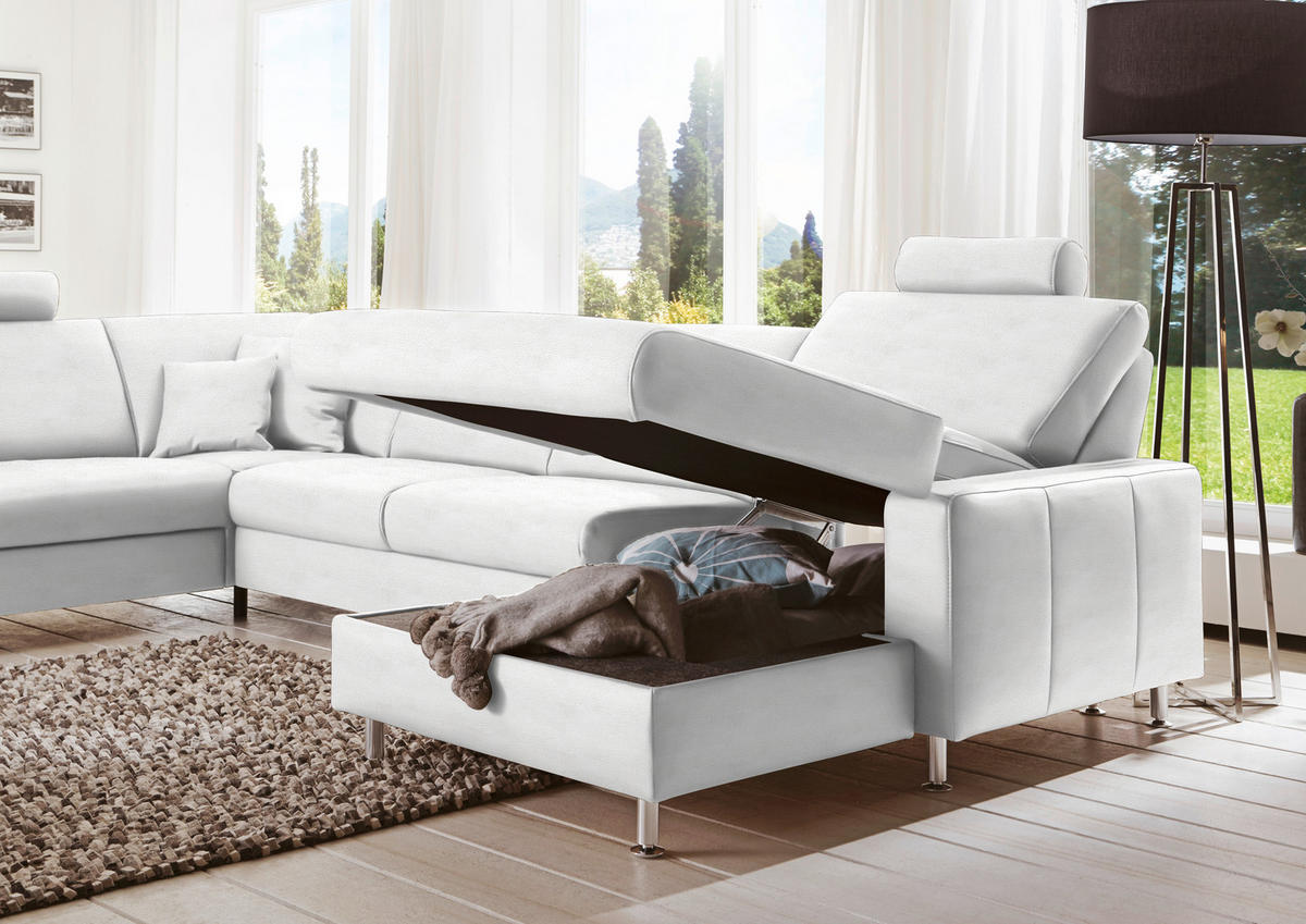 WOHNLANDSCHAFT in Echtleder Weiss  - Weiss/Alufarben, Design, Leder/Metall (233/339/165cm) - Beldomo Premium