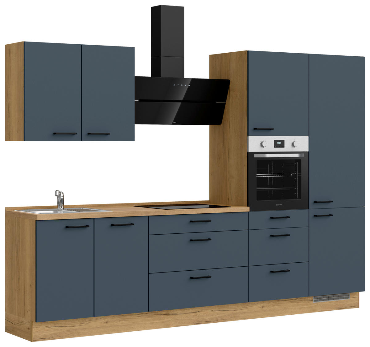 KÜCHENBLOCK 300 cm   in Eichefarben, Dunkelblau  - Eichefarben/Schwarz, MODERN, Holzwerkstoff/Metall (300cm) - Nobilia