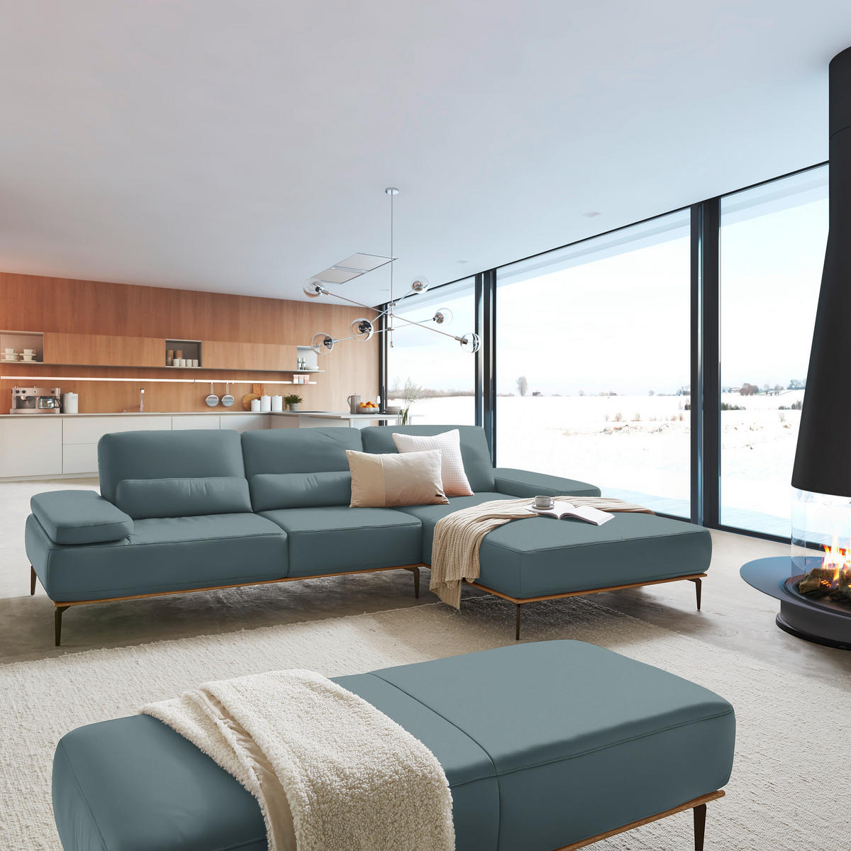 ECKSOFA in Echtleder Blau  - Blau/Bronzefarben, Design, Leder/Holz (314/176cm) - Valnatura