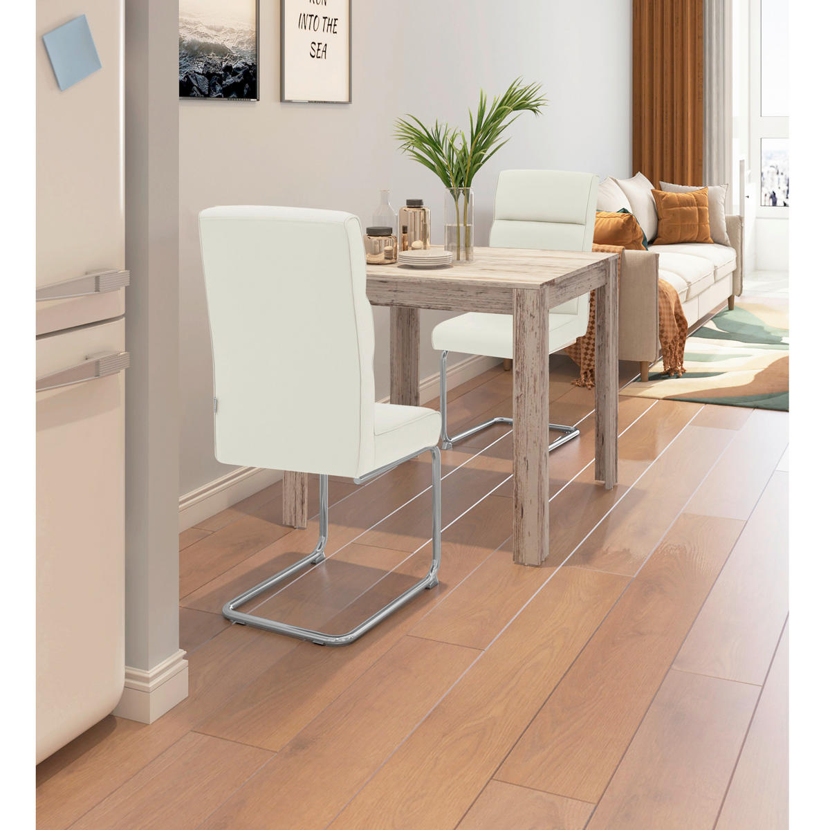 STUHL-SET 2 Stück  in Stahl Lederlook pigmentiert Metall, Leder  - Weiß, Design, Leder/Metall (43/104/62cm) - MID.YOU