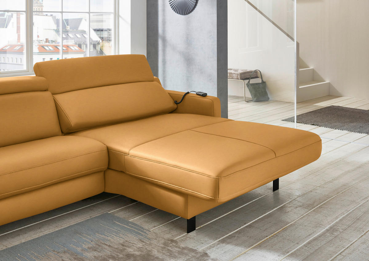 ECKSOFA in Echtleder Currygelb  - Currygelb/Schwarz, Design, Leder/Metall (291/176cm) - Valdera