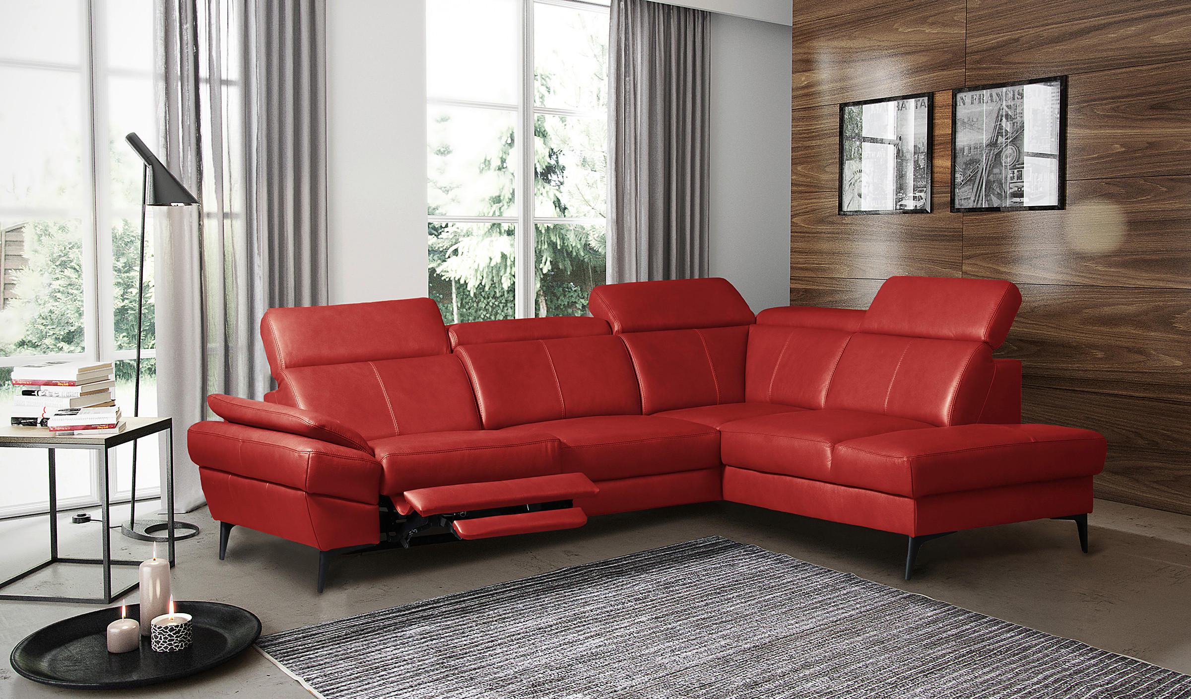 ECKSOFA Lederlook Echtleder Rot  - Rot/Schwarz, Design, Leder/Textil (264/211cm) - Livetastic