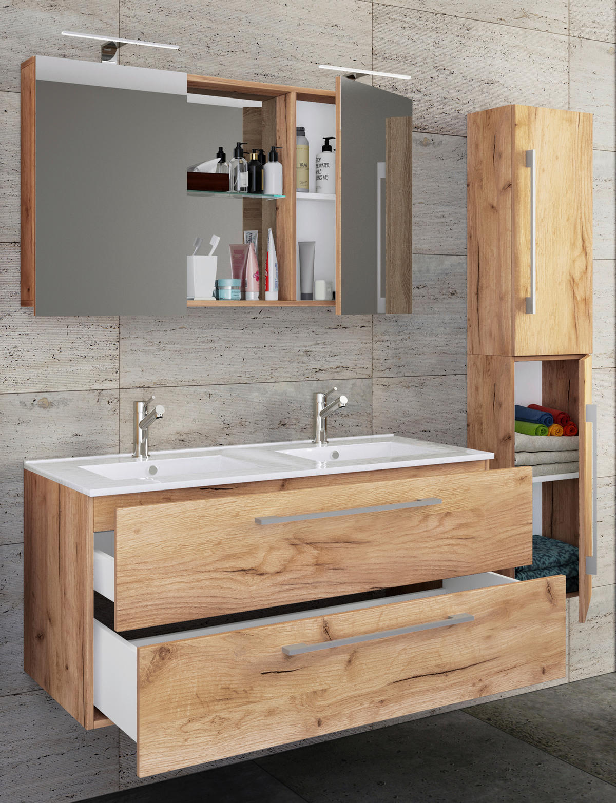 BADEZIMMER 4-teilig  in 145 cm  - Honigeiche/Alufarben, MODERN, Keramik/Holzwerkstoff (145cm) - MID.YOU