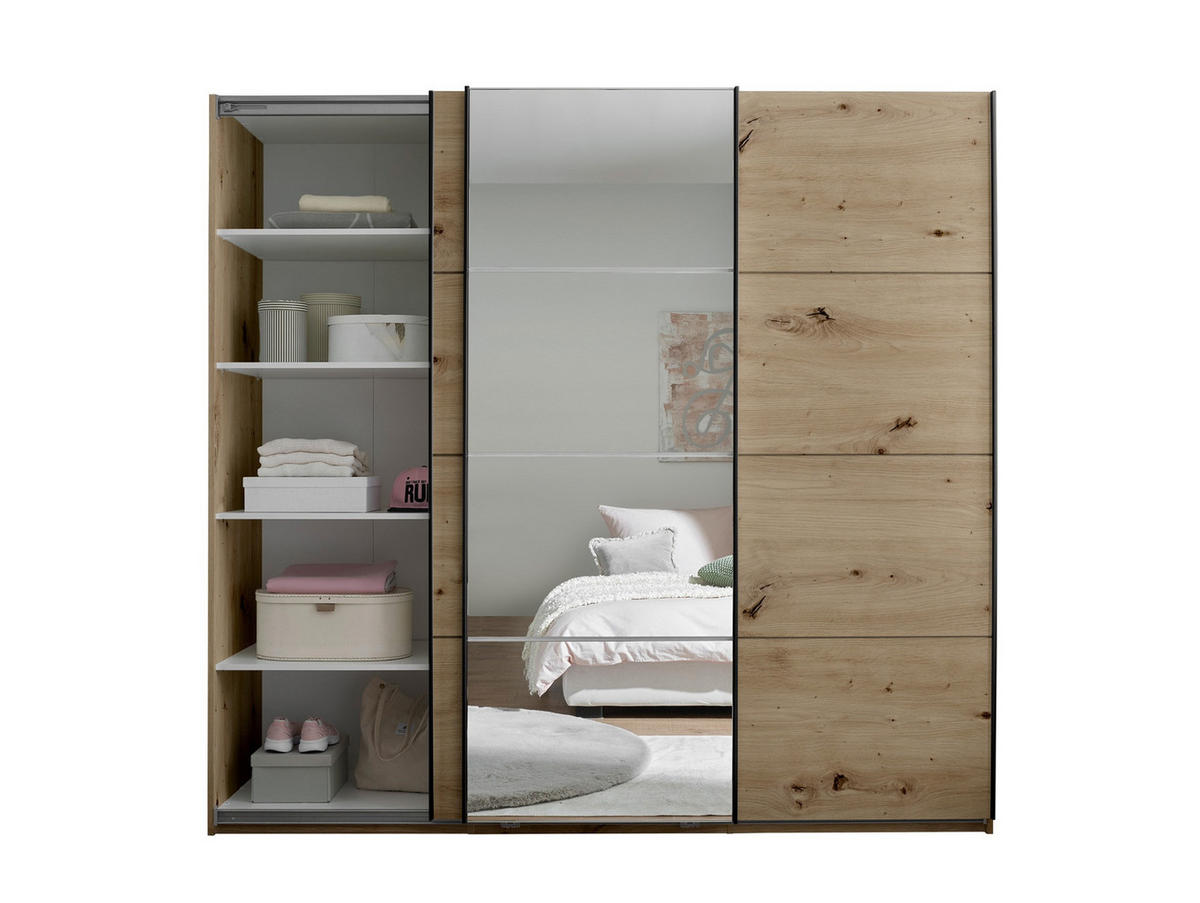 Dulap Cu Uși Culisante, 215/204/63 cm, stejar Artisan - alb/cașmir, Basics, sticlă/metal (215/204/63cm) - Carryhome