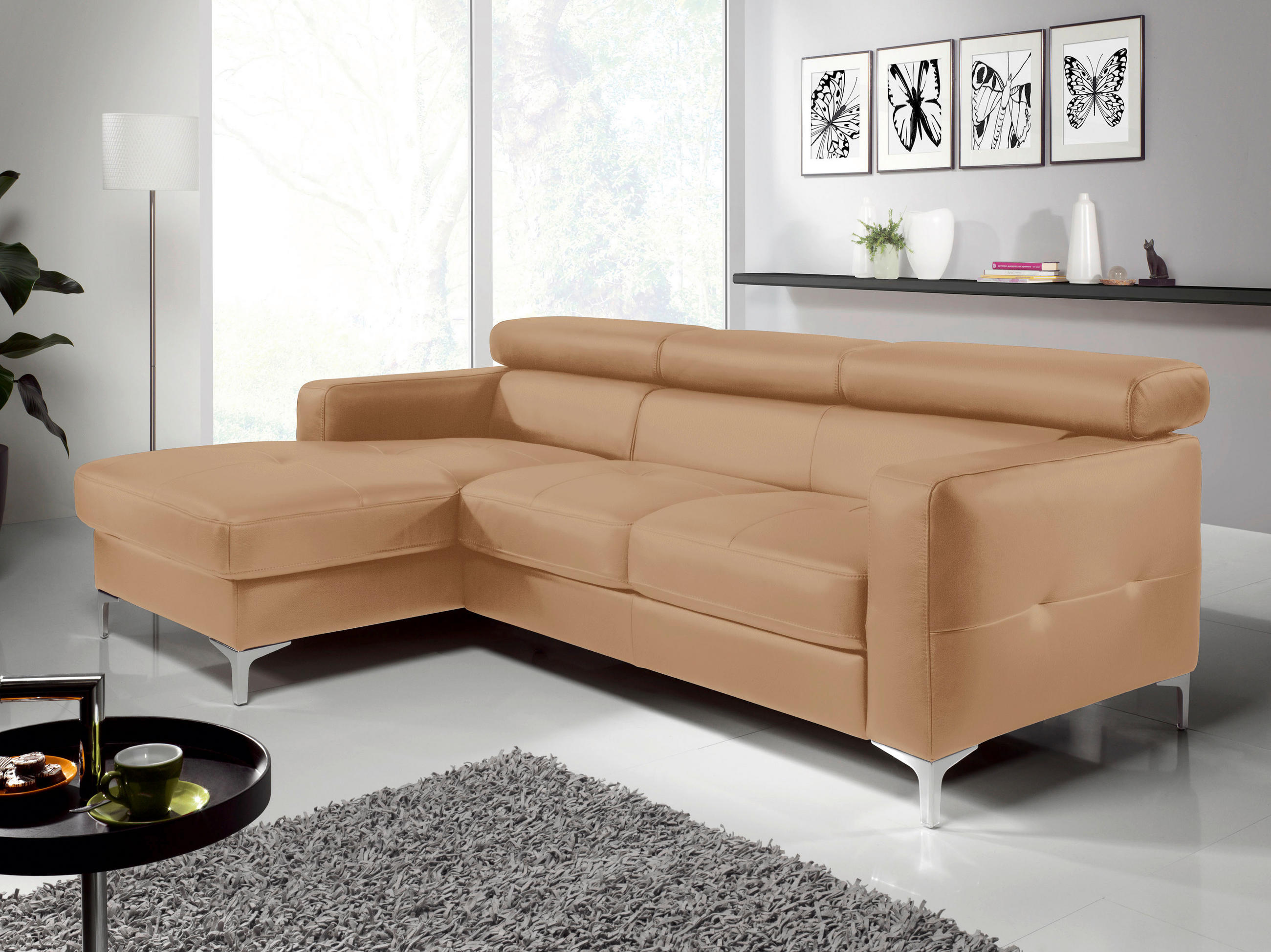ECKSOFA in Echtleder Cappuccino - Chromfarben/Cappuccino, Design, Leder/Metall (169/226cm) - Livetastic