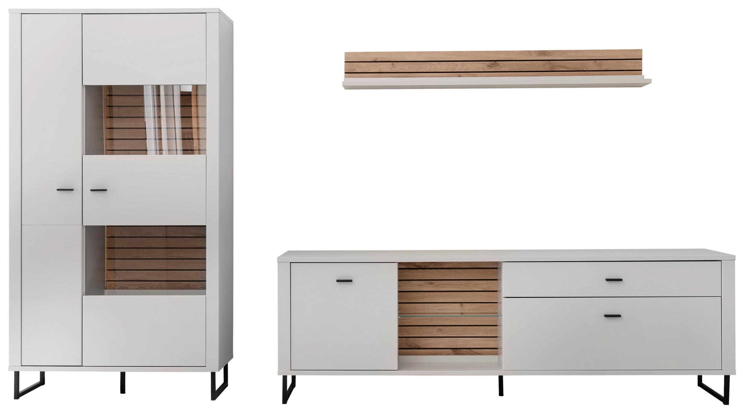 WOHNWAND  Weiss, Eichefarben 326/185/44 cm  - Weiss/Eichefarben, Design, Glas/Holzwerkstoff (326/185/44cm) - Stylife