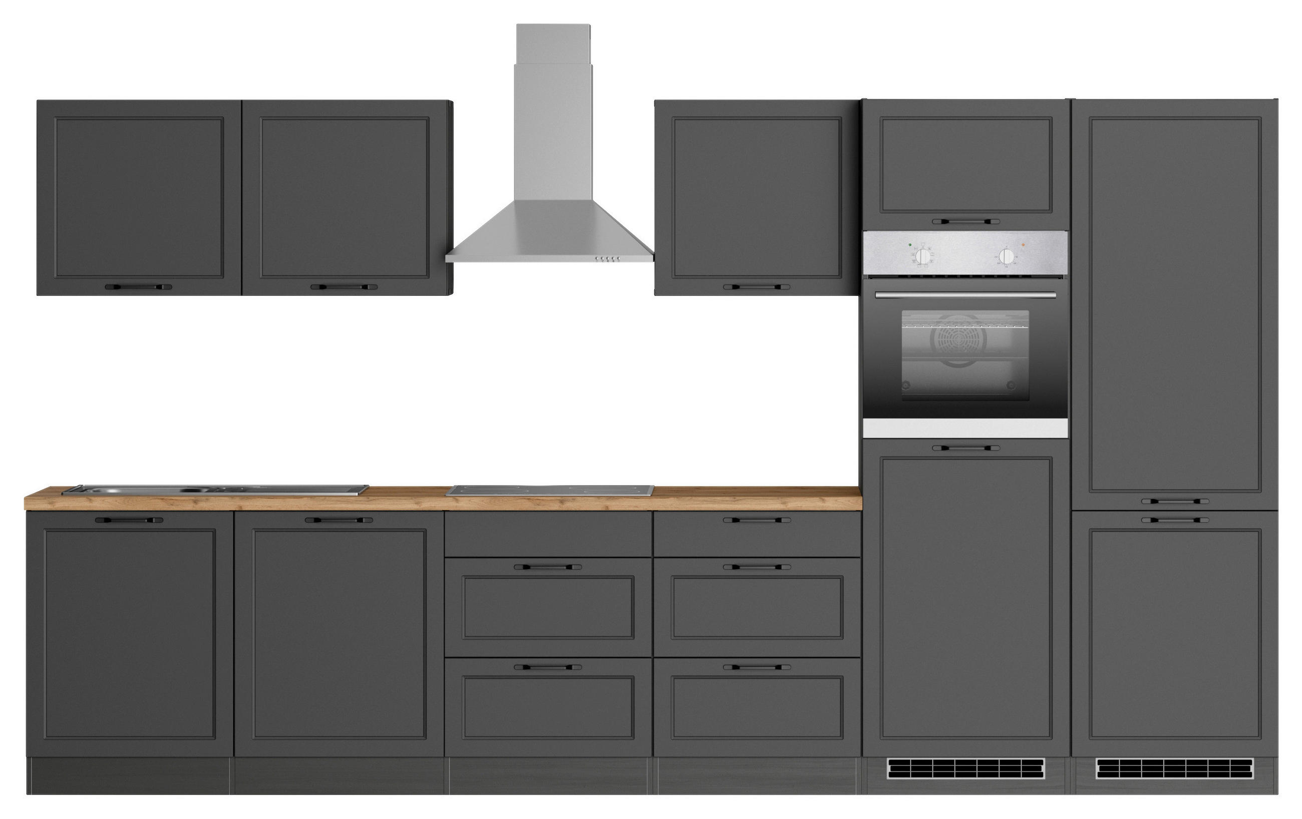 KÜCHENBLOCK 360 cm   in Grau, Eiche Wotan  - Eiche Wotan/Schwarz, LIFESTYLE, Holzwerkstoff/Metall (360cm) - Held