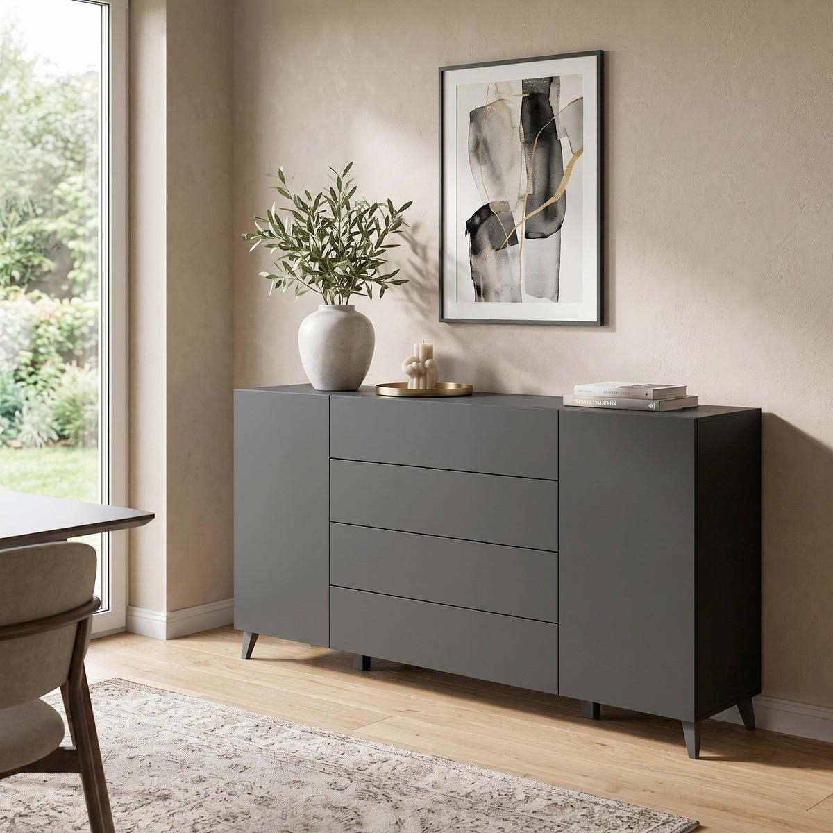 SIDEBOARD  180/95,4/39 cm 4 Schublade(n)  - Schwarz, Design, Holzwerkstoff/Kunststoff (180/95,4/39cm) - P & B