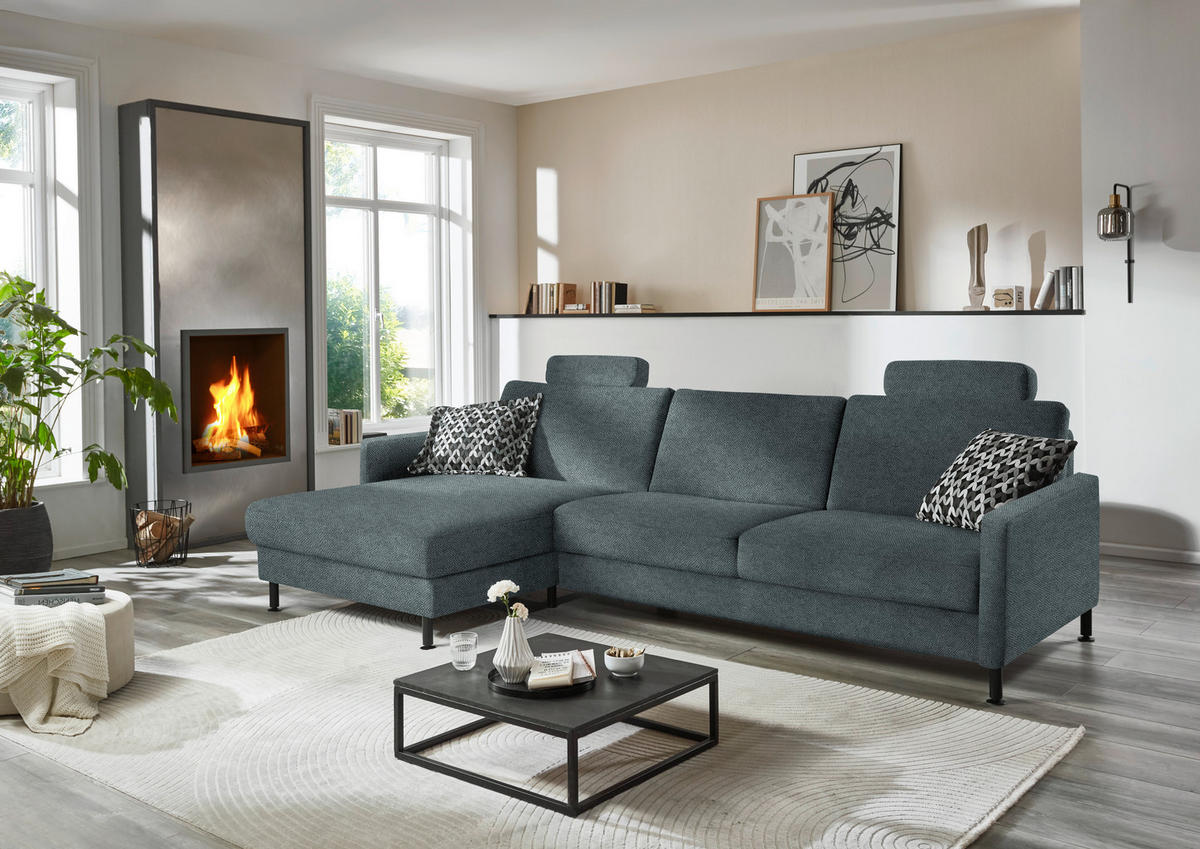 ECKSOFA  in Chenille, Flachgewebe Blau  175/316 cm  - Blau/Schwarz, Design, Textil/Metall (175/316cm) - Dieter Knoll