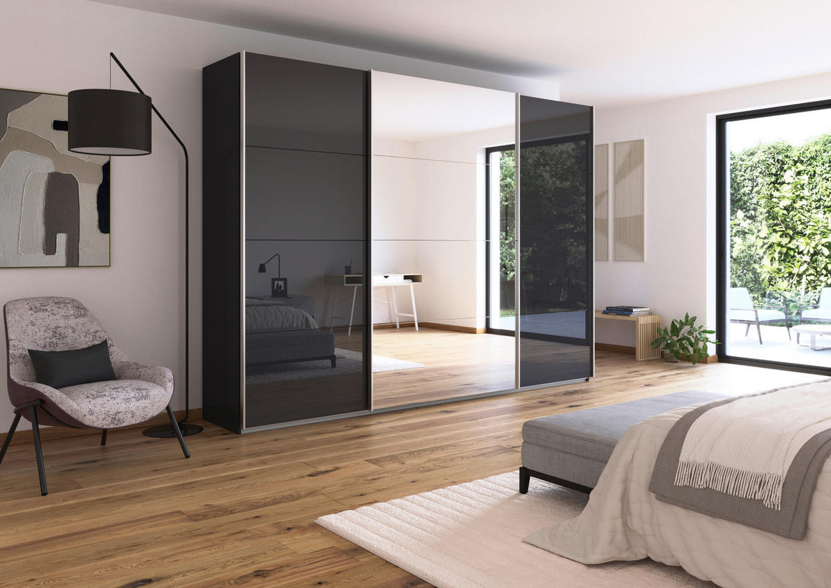 SCHWEBETÜRENSCHRANK  in Dunkelgrau  - Dunkelgrau/Alufarben, KONVENTIONELL, Glas/Holzwerkstoff (315/229/62cm) - Xora