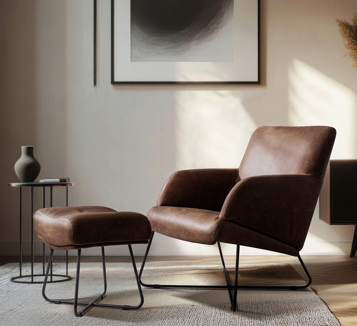 SESSEL in Echtleder Braun  - Schwarz/Braun, Design, Leder/Metall (67/87/74cm) - Livetastic