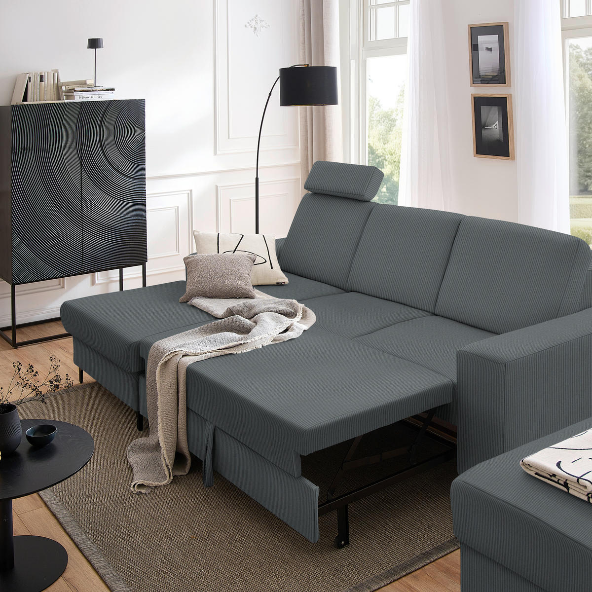 ECKSOFA in Cord Grau  - Schwarz/Grau, Konventionell, Textil/Metall (167/247cm) - Stylife