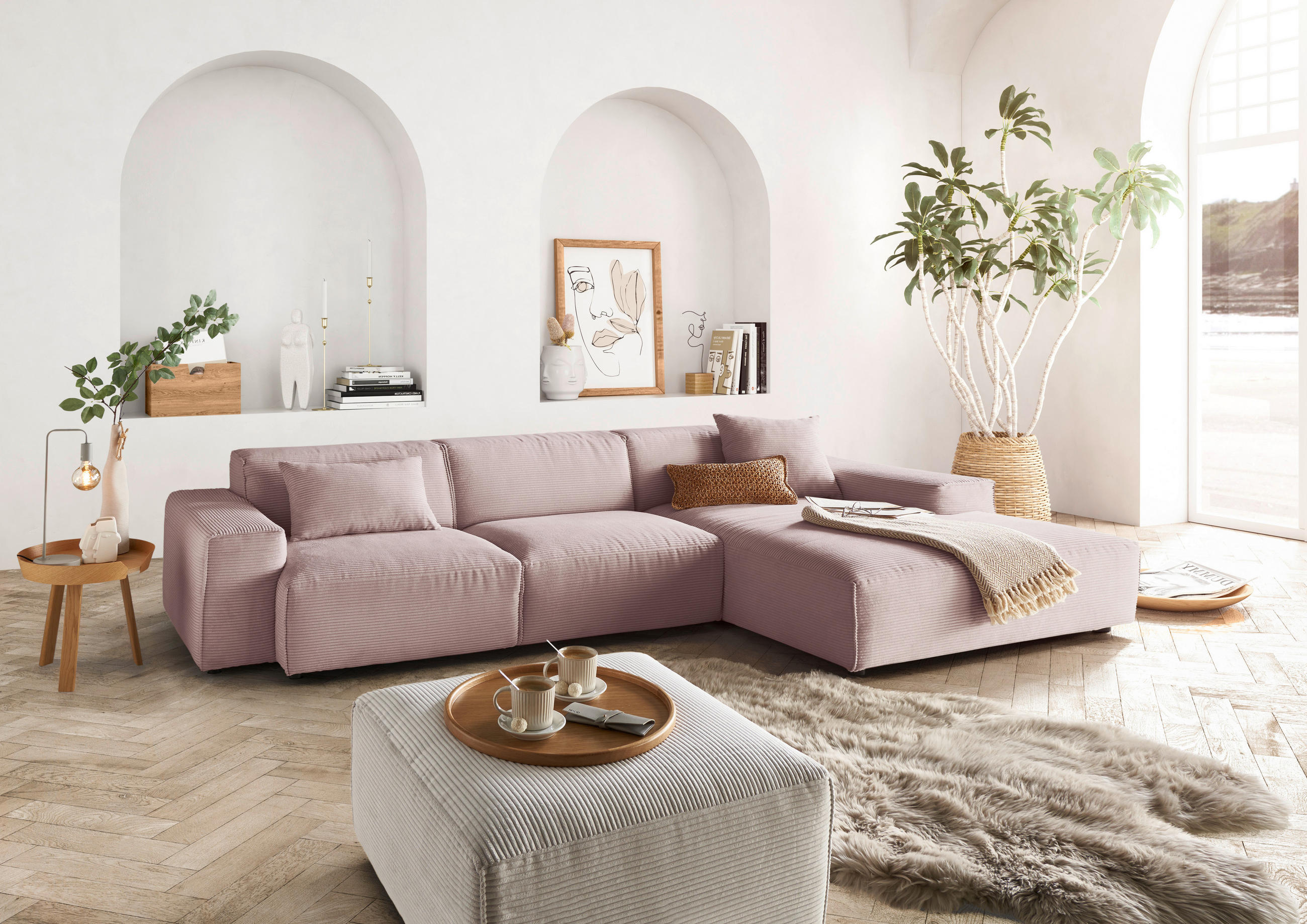 ECKSOFA in Cord Rosa  300/189 cm  - Schwarz/Rosa, Design, Kunststoff/Textil (300/189cm) - Pure Home Lifestyle