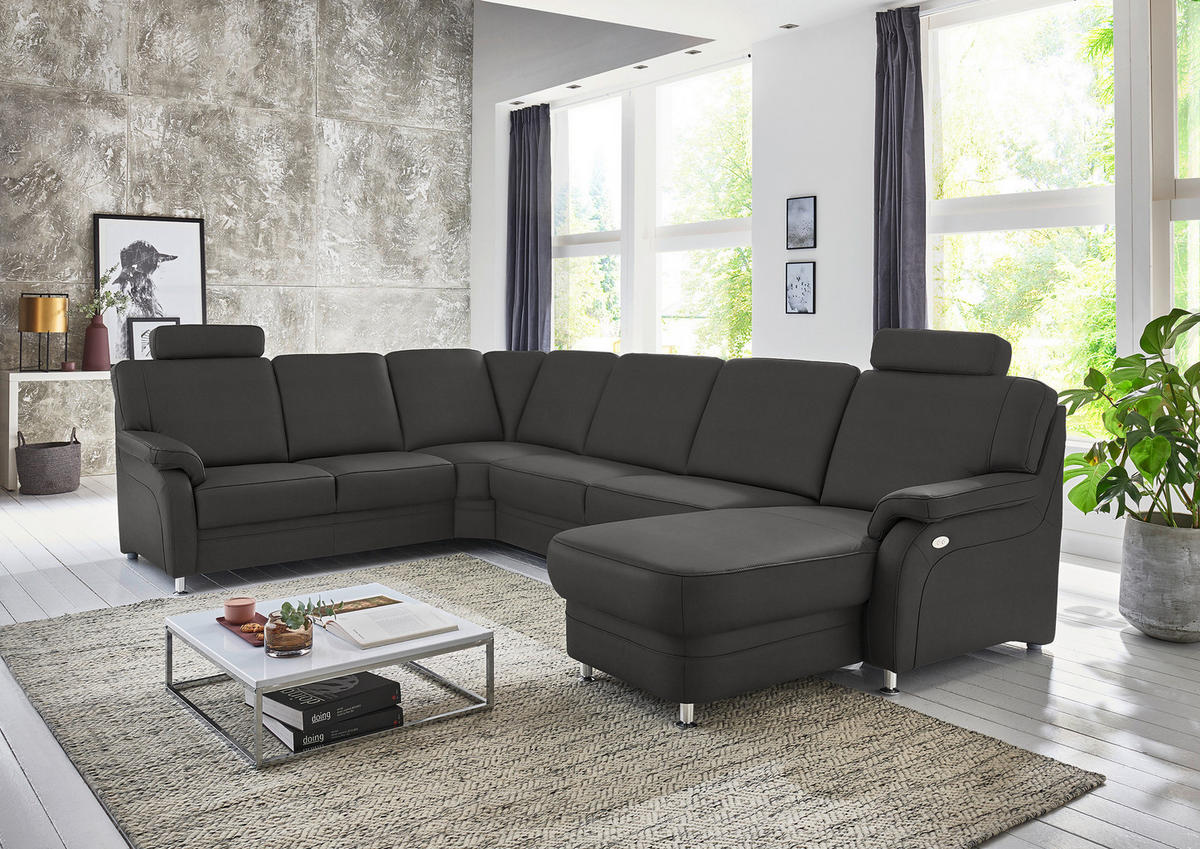 WOHNLANDSCHAFT Echtleder Dunkelgrau  - Dunkelgrau/Alufarben, Konventionell, Leder/Metall (239/329/165cm) - Beldomo Premium