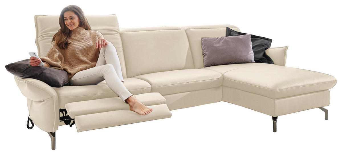 ECKSOFA Ecru Lederlook (vegan)  - Ecru/Nickelfarben, MODERN, Textil/Metall (233/179cm) - Livetastic