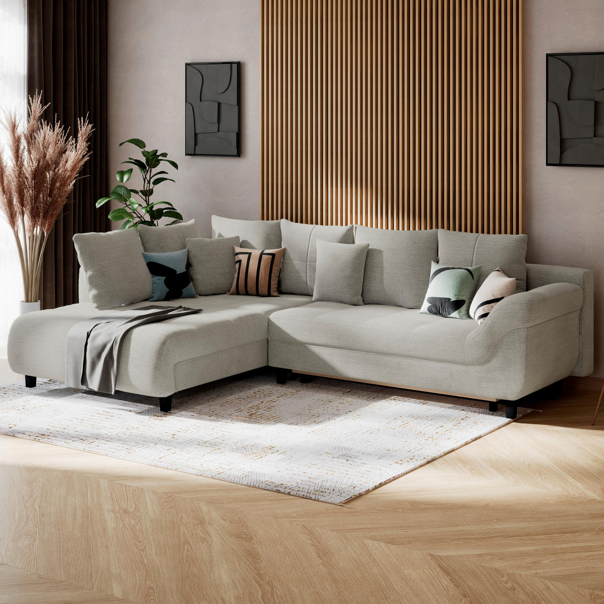 ECKSOFA MENDOZA NEW Grau Chenille, Struktur Zierkissen, Rückenkissen, Bettkasten  - Schwarz/Grau, KONVENTIONELL, Textil (197/309cm) - MID.YOU