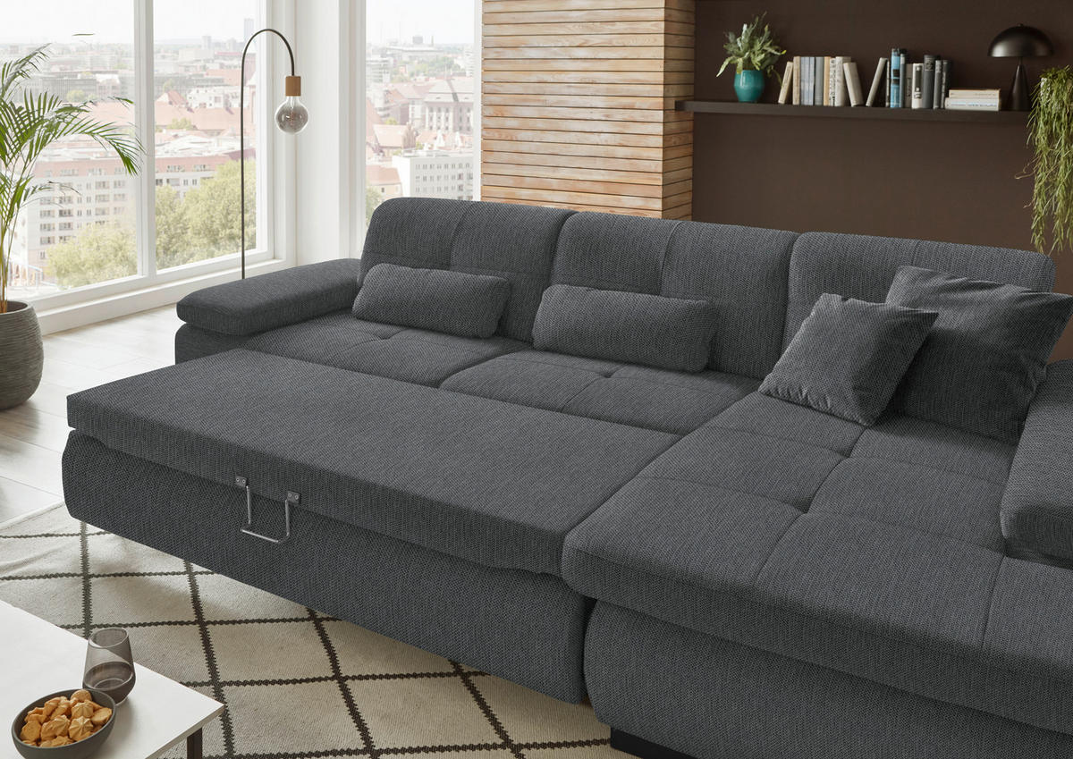 ECKSOFA in Flachgewebe Graubraun  - Graubraun/Schwarz, Design, Textil/Metall (297/174cm) - Beldomo Style