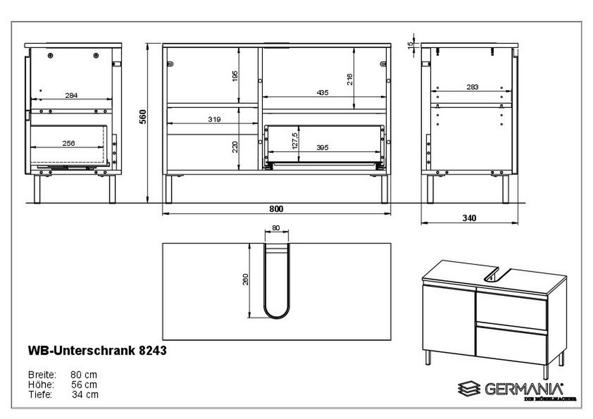 WASCHBECKENUNTERSCHRANK 80/56/34 cm  - Kaschmir/Schwarz, MODERN, Holzwerkstoff/Metall (80/56/34cm) - Germania