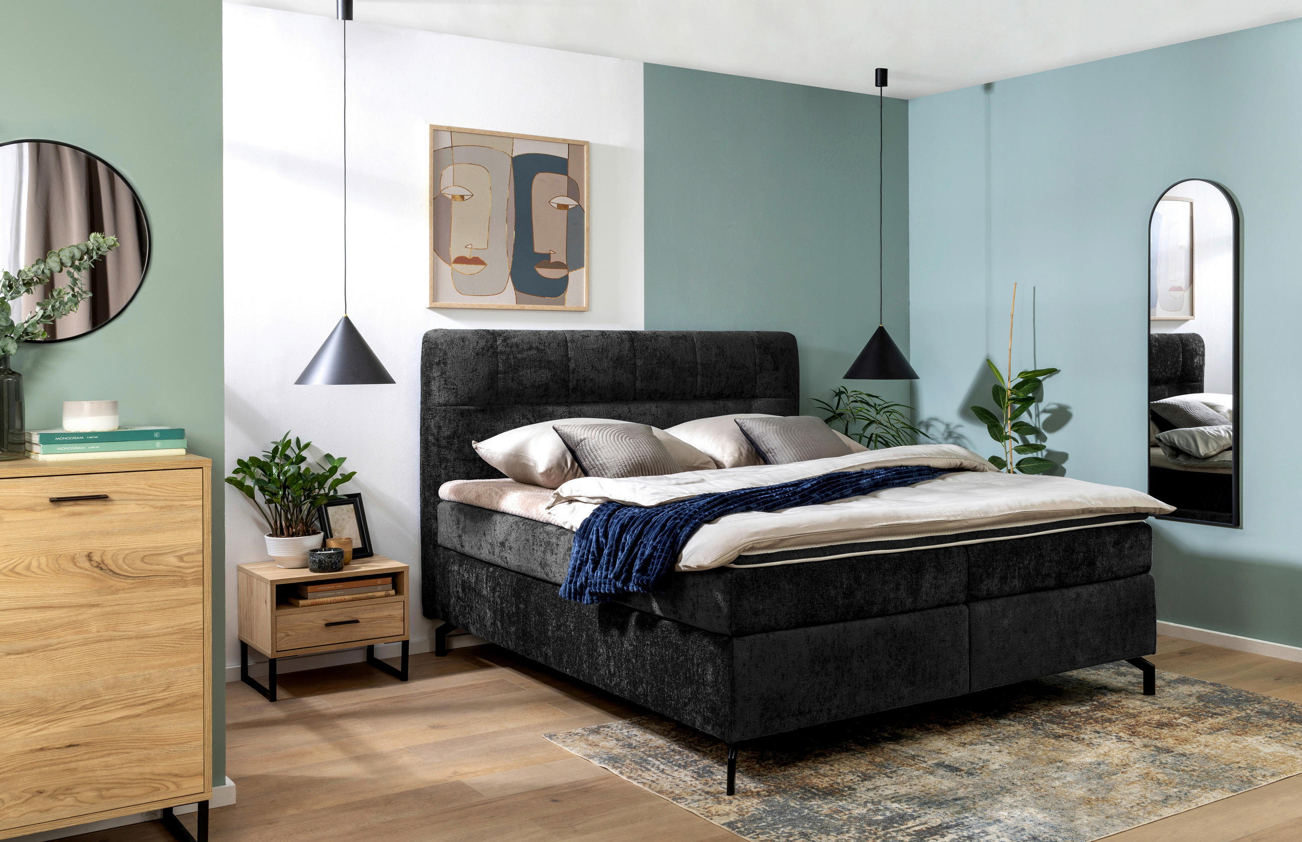 Thumbnail - Esposa Boxspringbett, Schwarz, Textil, H3 + H4, Höhe ca. 17 cm, 160x200 cm, Stoffauswahl, Topper durchgehend, Matratze i...