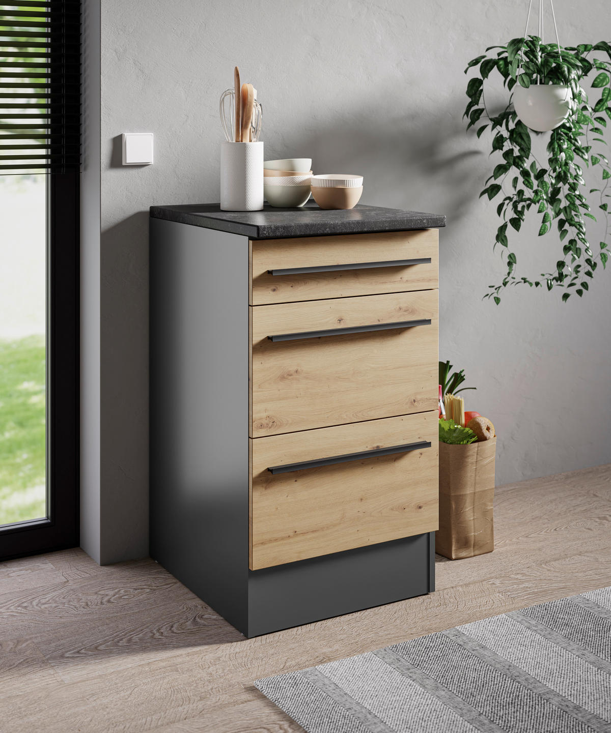 SCHUBKASTENUNTERSCHRANK 50/90/60 cm  in Anthrazit, Eiche Artisan  - Anthrazit/Schwarz, Design, Holzwerkstoff/Kunststoff (50/90/60cm) - MID.YOU