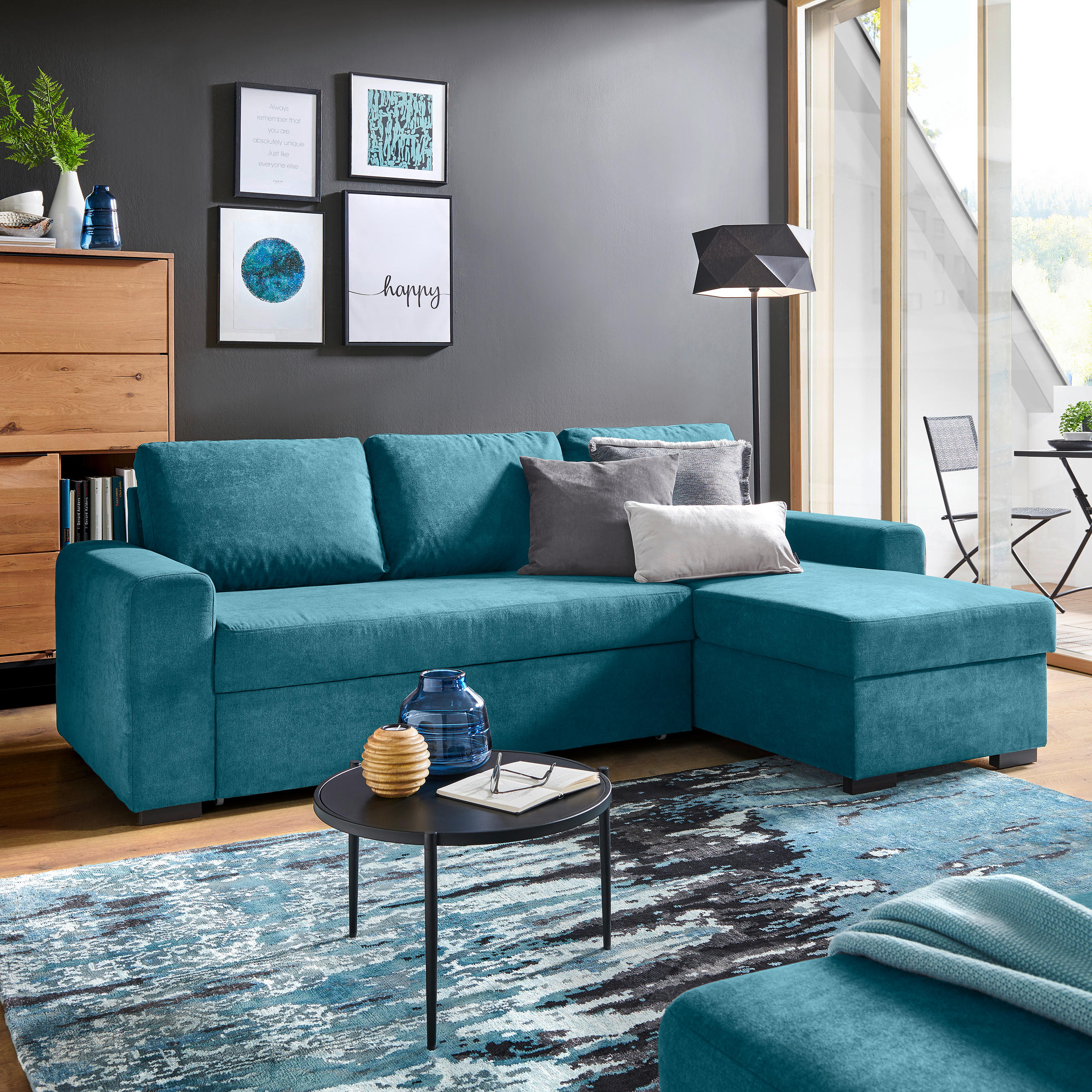 ECKSOFA inkl.Funktionen Petrol Webstoff - Petrol/Schwarz, Design, Textil (245/160cm) - Xora