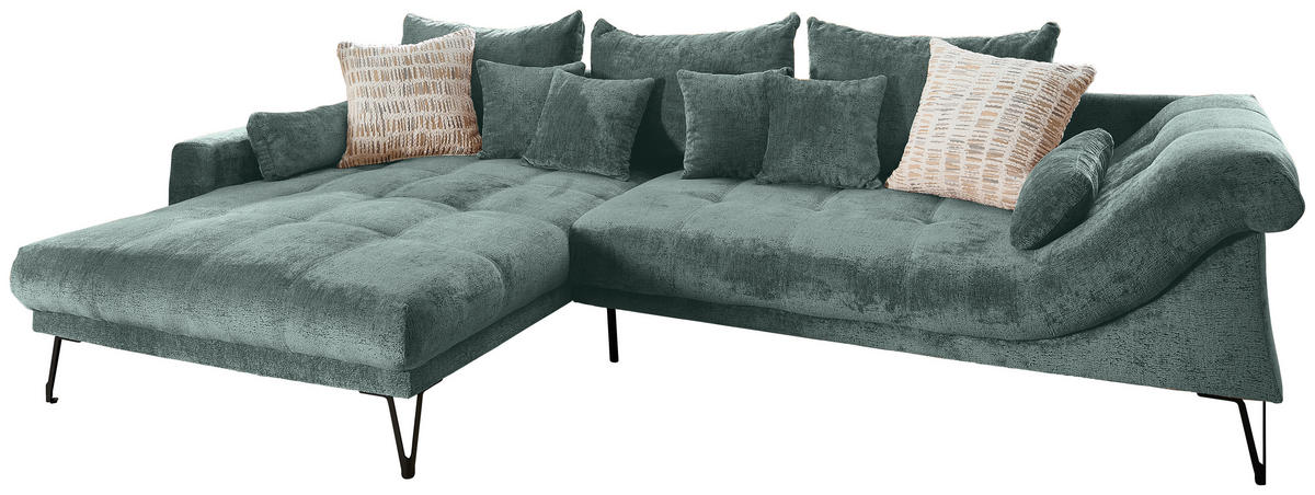 ECKSOFA GARDA Türkis Chenille Zierkissen, Rückenkissen, Nierenkissen, Rücken echt  - Türkis/Schwarz, KONVENTIONELL, Textil/Metall (192/310cm) - Livetastic