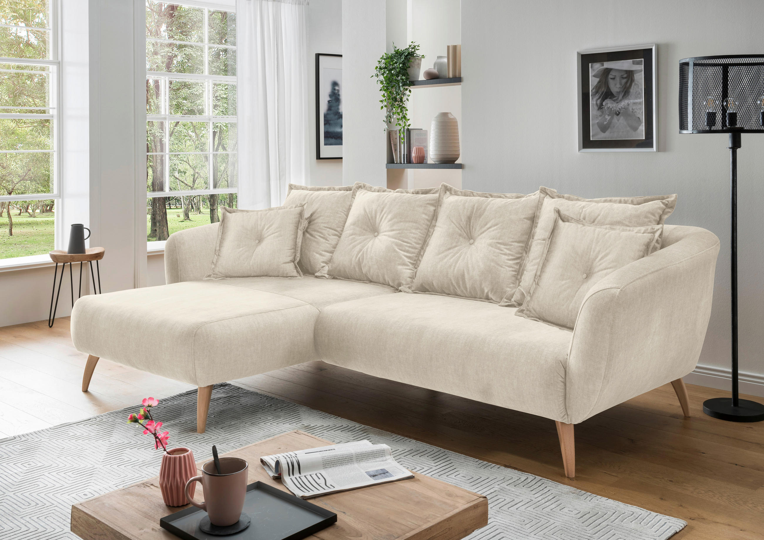 ECKSOFA in Velours Beige, Buchefarben  - Beige/Buchefarben, Modern, Holz/Textil (162/277cm) - Livetastic