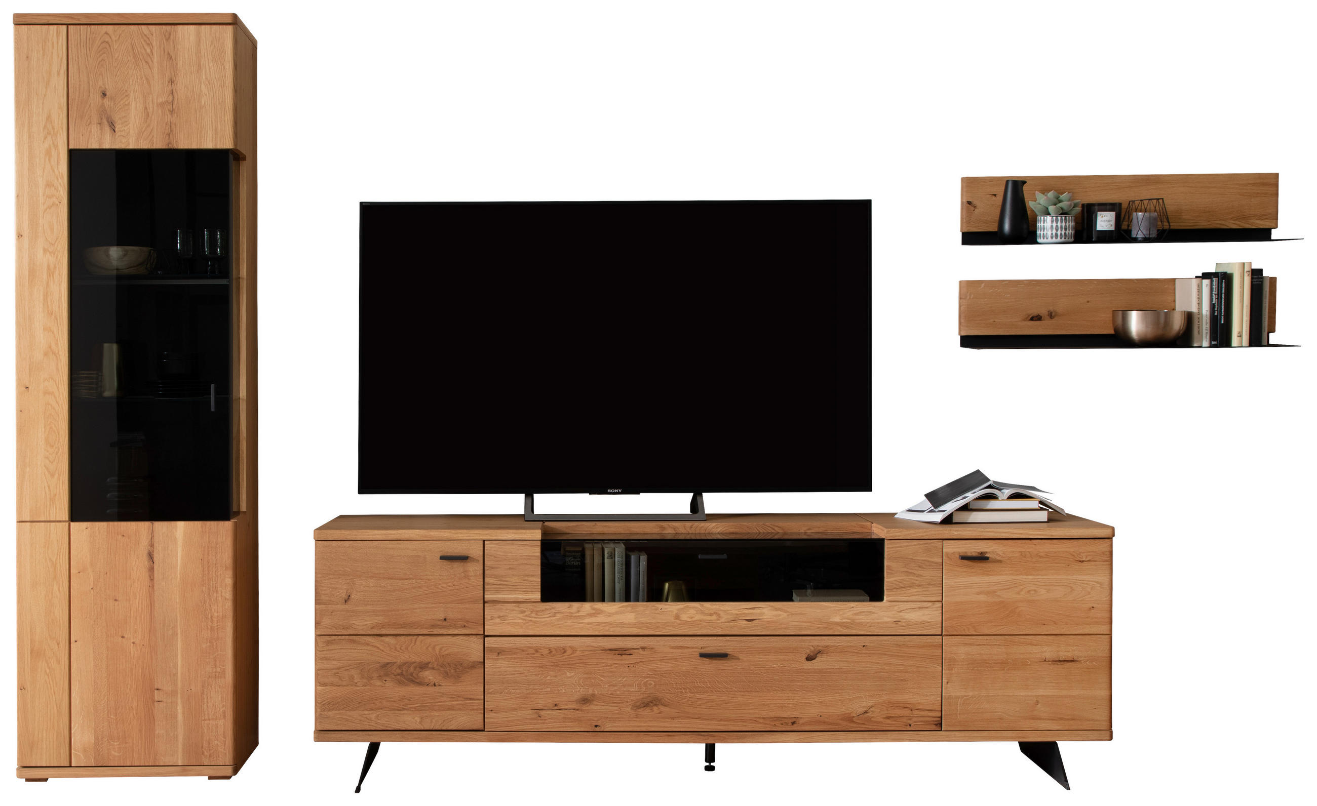 WOHNWAND 3-teilig in Wildeiche 340/209/50 cm - Wildeiche/Anthrazit, Natur, Glas/Holz (340/209/50cm) - Linea Natura