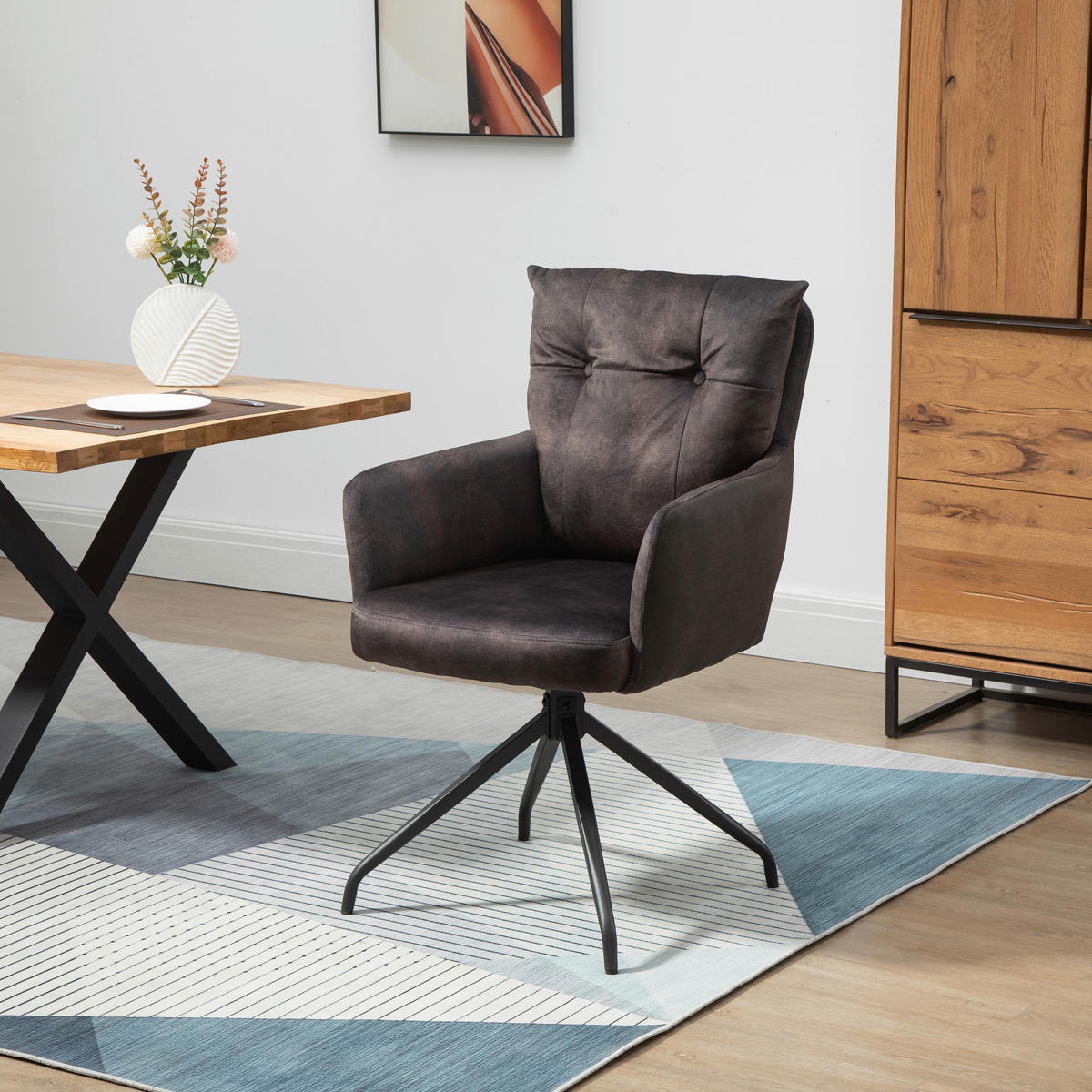 ARMLEHNSTUHL  Sitzfläche 180° drehbar, automatische Rückholfunktion gesteppt  - Dunkelbraun/Schwarz, Design, Textil/Metall (60/92/67cm) - Livetastic