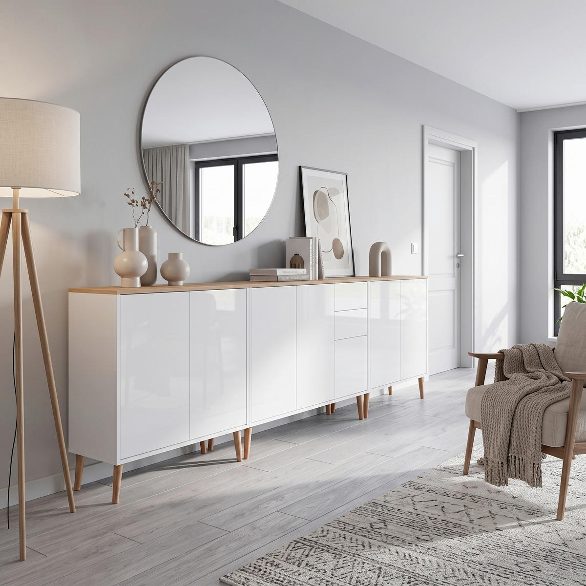SIDEBOARD   - Weiß Hochglanz/Eiche Artisan, MODERN, Holz/Holzwerkstoff (263,5/86/33cm) - MID.YOU