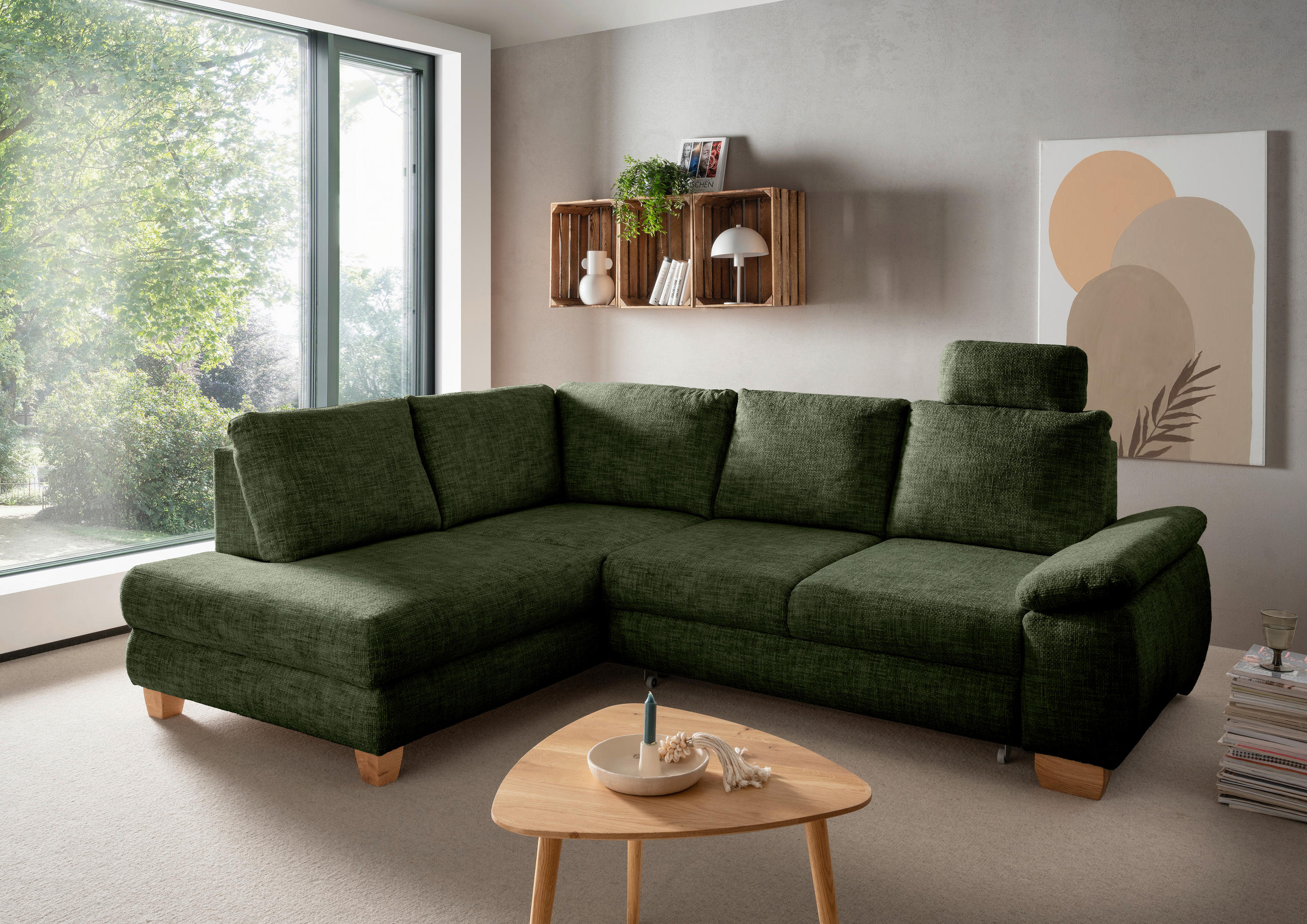 ECKSCHLAFSOFA Struktur Dunkelgrün  - Wildeiche/Dunkelgrün, Modern, Holz/Textil (206/265cm) - Livetastic