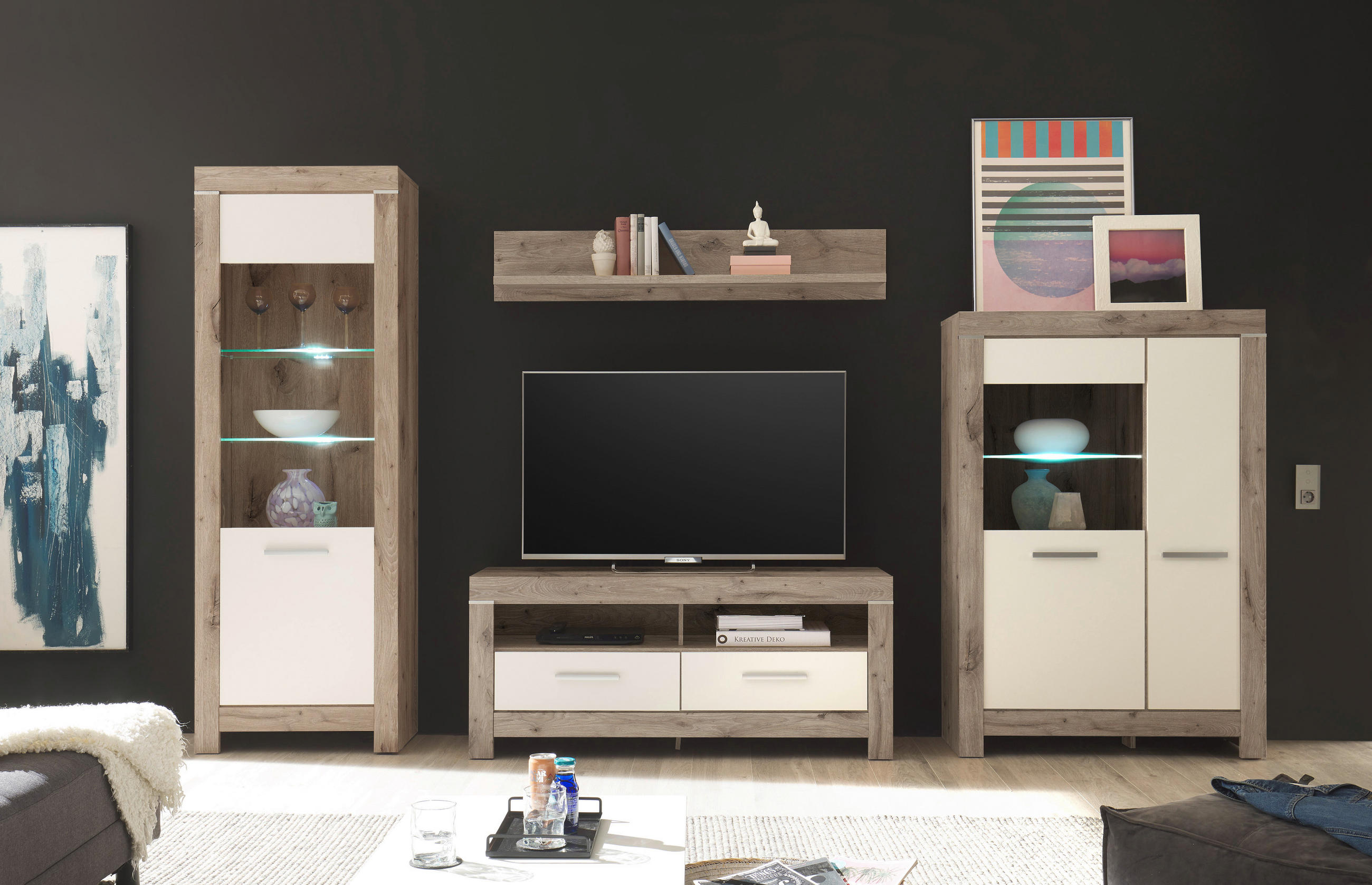 ANSAMBLU MOBILIER CAMERA DE Z in alb, culoare lemn stejar  - argintiu/alb, Design, plastic/sticlă (325/197/45cm) - Hom`in