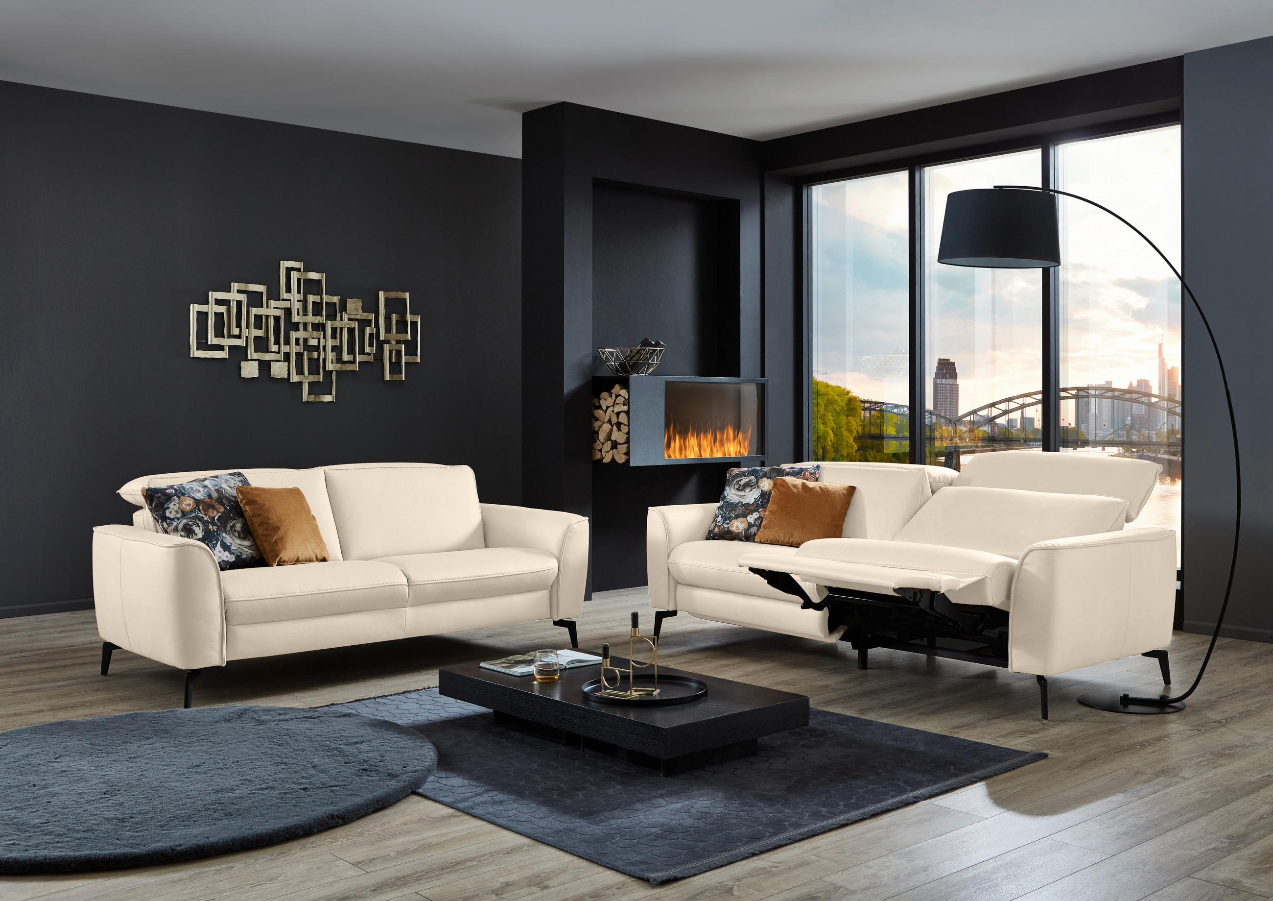 3-SITZER-SOFA in Leder Ecru  - Ecru/Schwarz, Natur, Leder/Metall (222/81/110cm) - Valdera
