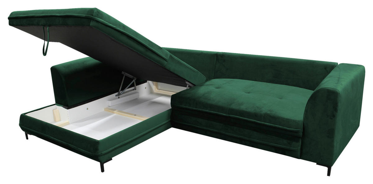 ECKSCHLAFSOFA  mit Rücken echt, Armteil links Velours Grün  - Schwarz/Grün, Design, Textil/Metall (187/277cm) - Livetastic
