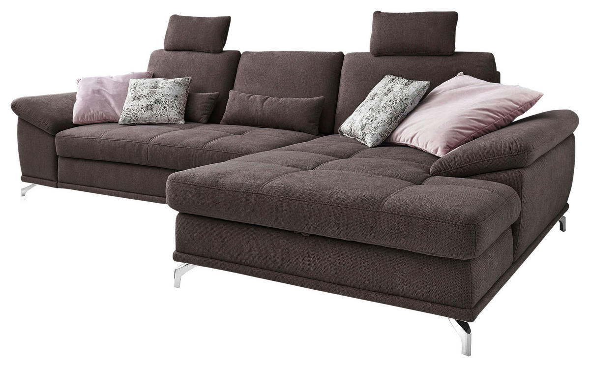 ECKSOFA Dunkelbraun Flachgewebe Bettkasten, Schlaffunktion, Sitztiefenverstellung, Kopfstütze, Liegefläche im Originalstoff  - Dunkelbraun/Silberfarben, KONVENTIONELL, Textil/Metall (301/176cm) - Sit & More