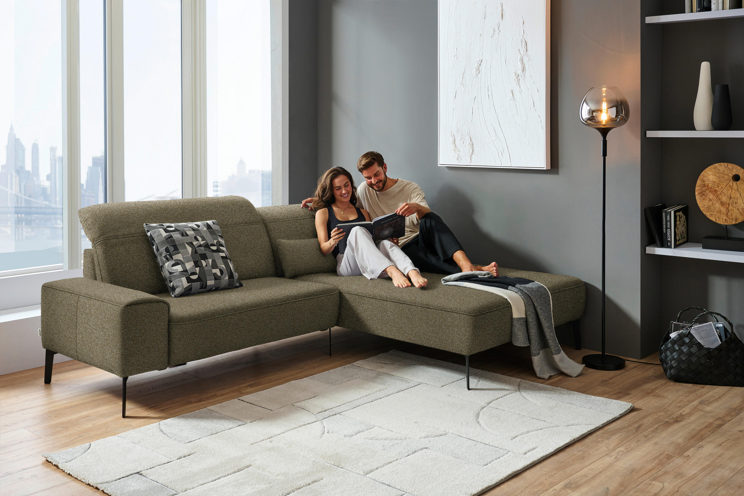 ECKSOFA in Mikrofaser Khaki  273/203 cm  - Khaki/Schwarz, Design, Textil/Metall (273/203cm) - Johann Jakob