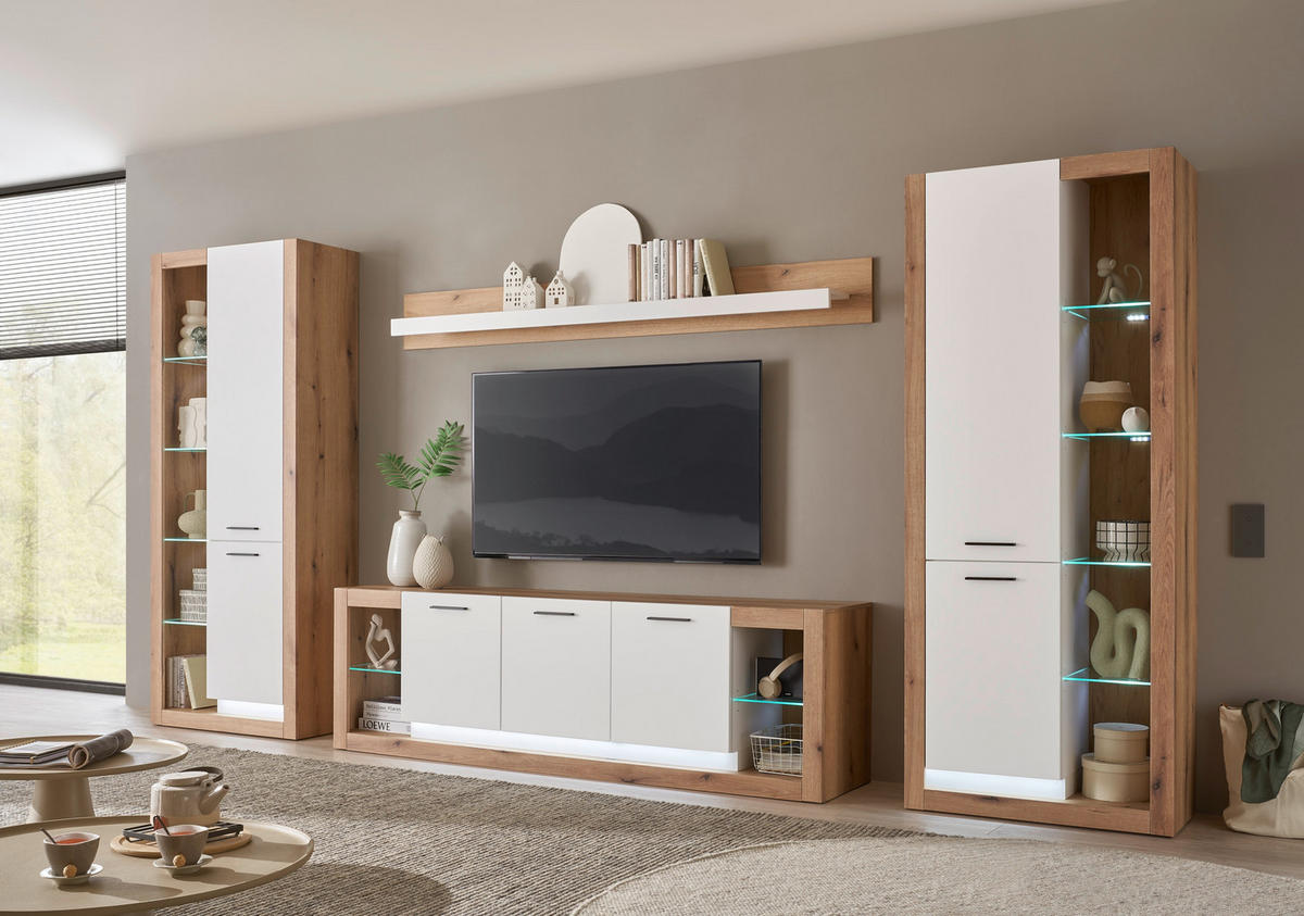 WOHNWAND 4-teilig  in Weiß, Eichefarben  398/195/43 cm  - Eichefarben/Schwarz, Design, Glas/Holzwerkstoff (398/195/43cm) - MID.YOU