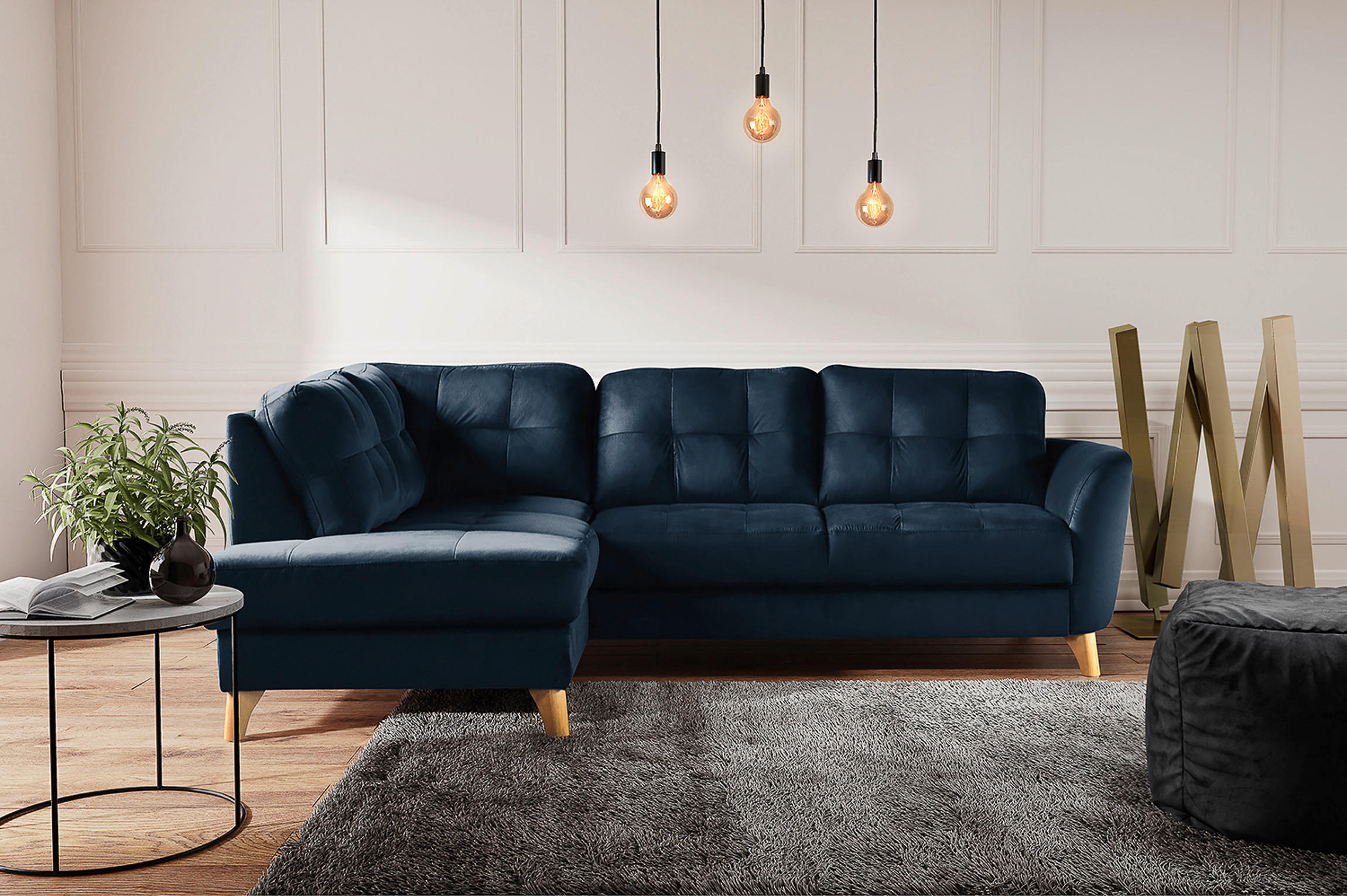 ECKSOFA Dunkelblau Samt  - Buchefarben/Dunkelblau, Design, Holz/Textil (190/236cm) - Livetastic