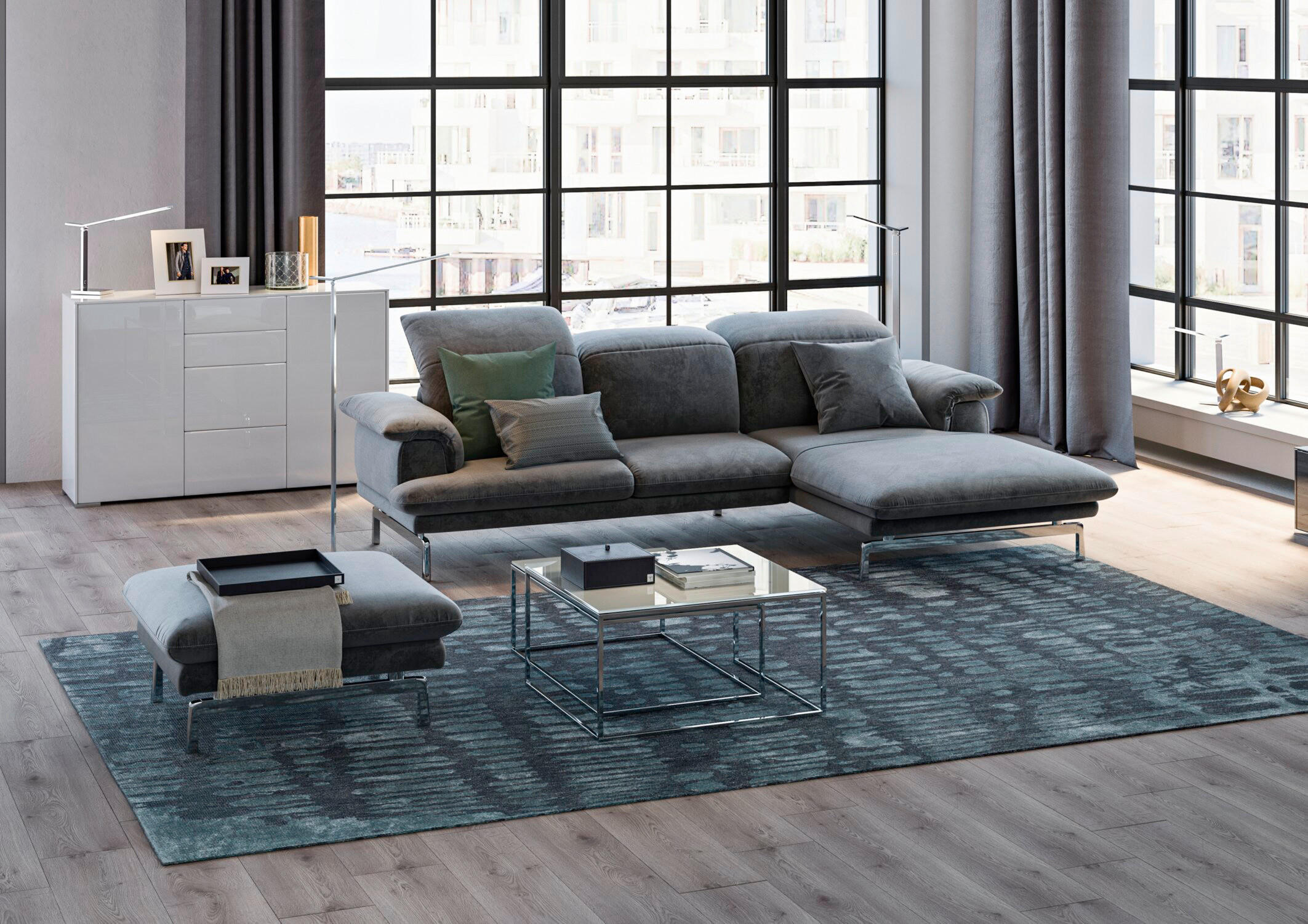 ECKSOFA in Chenille Grau  - Alufarben/Grau, Design, Textil/Metall (197/294cm) - Joop!