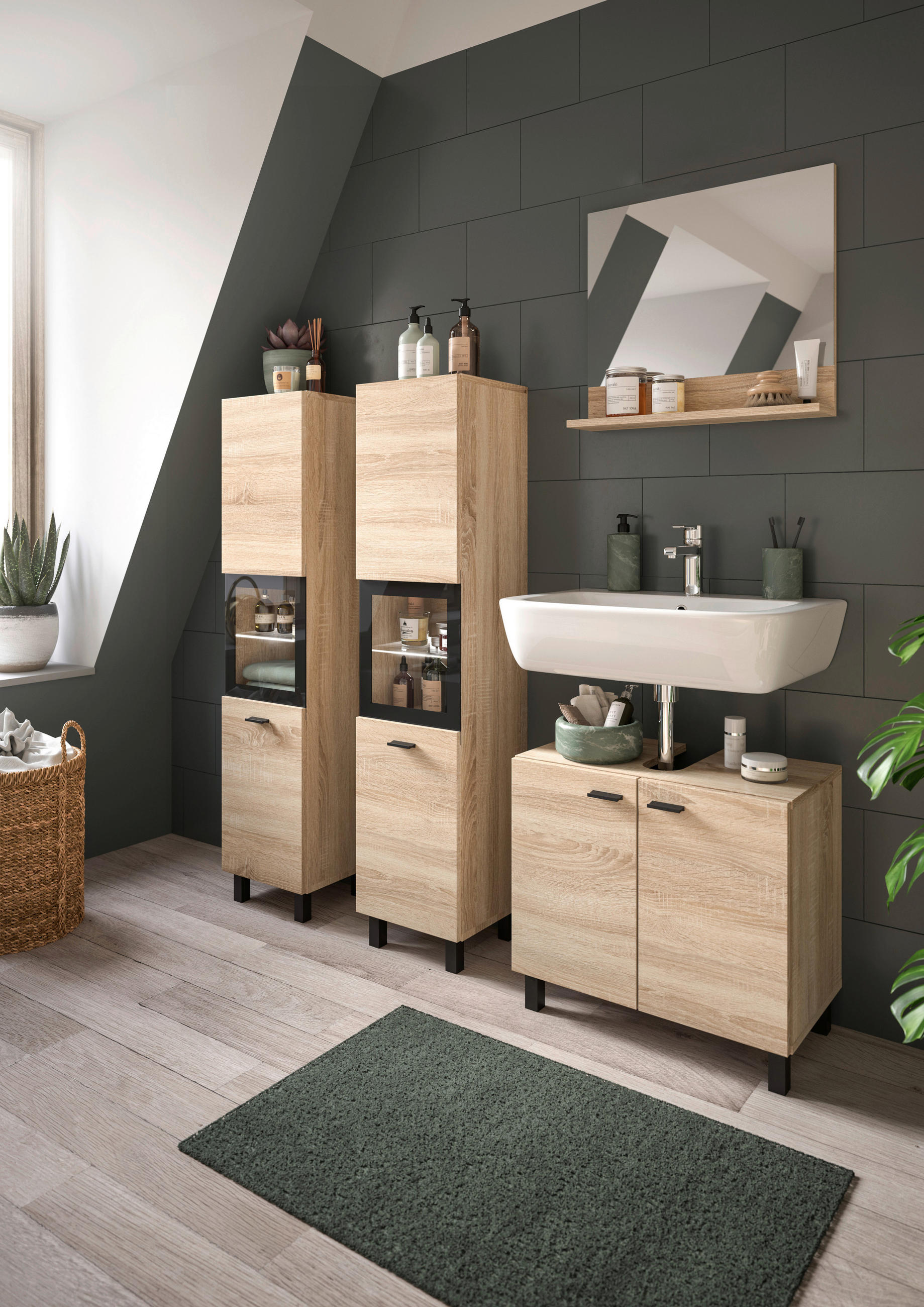 BADEZIMMER 4-teilig  in 117 cm  - Schwarz/Sonoma Eiche, MODERN, Glas/Holzwerkstoff (117cm) - MID.YOU