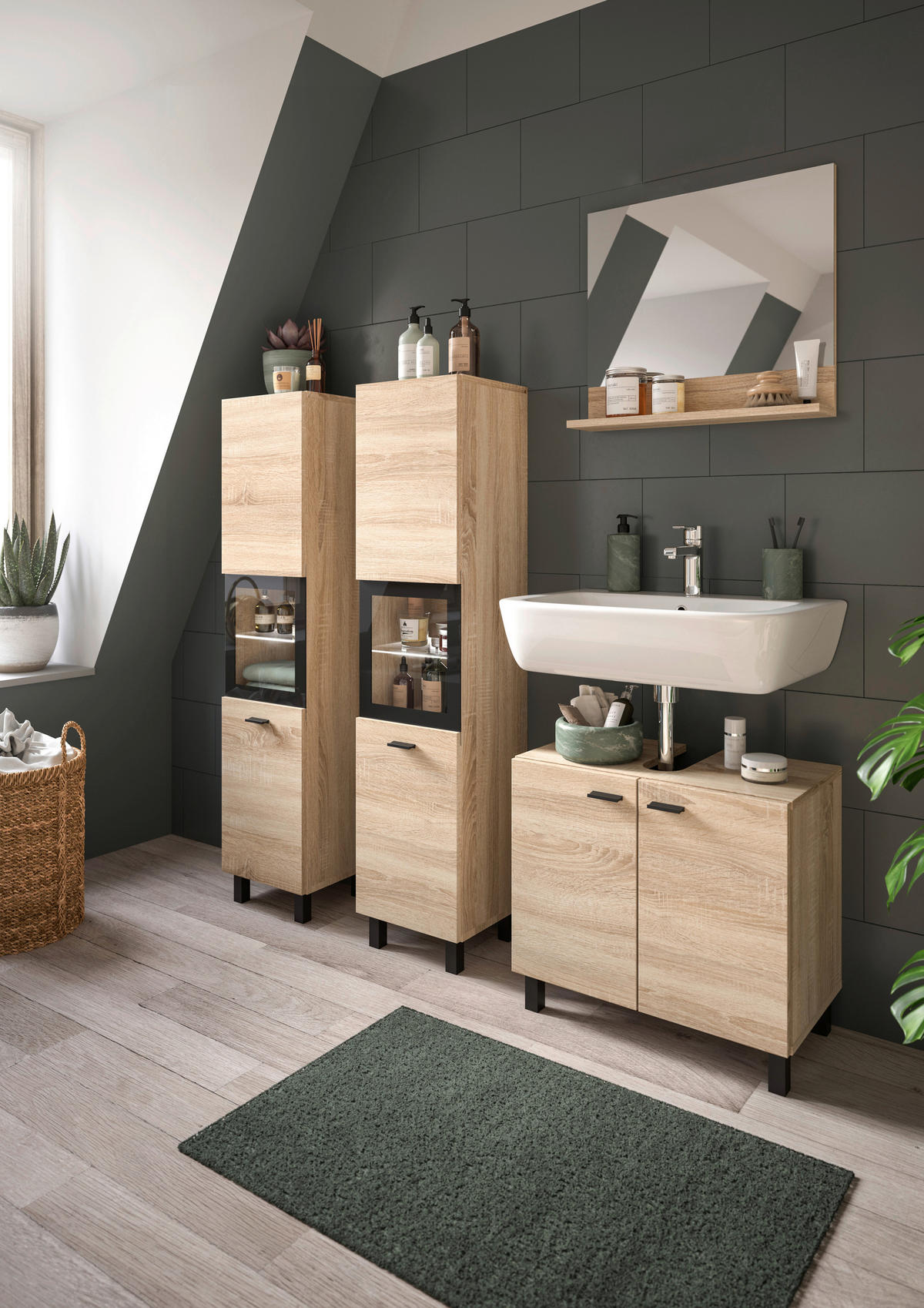 BADEZIMMER 4-teilig  in 117 cm  - Schwarz/Sonoma Eiche, MODERN, Glas/Holzwerkstoff (117cm) - MID.YOU
