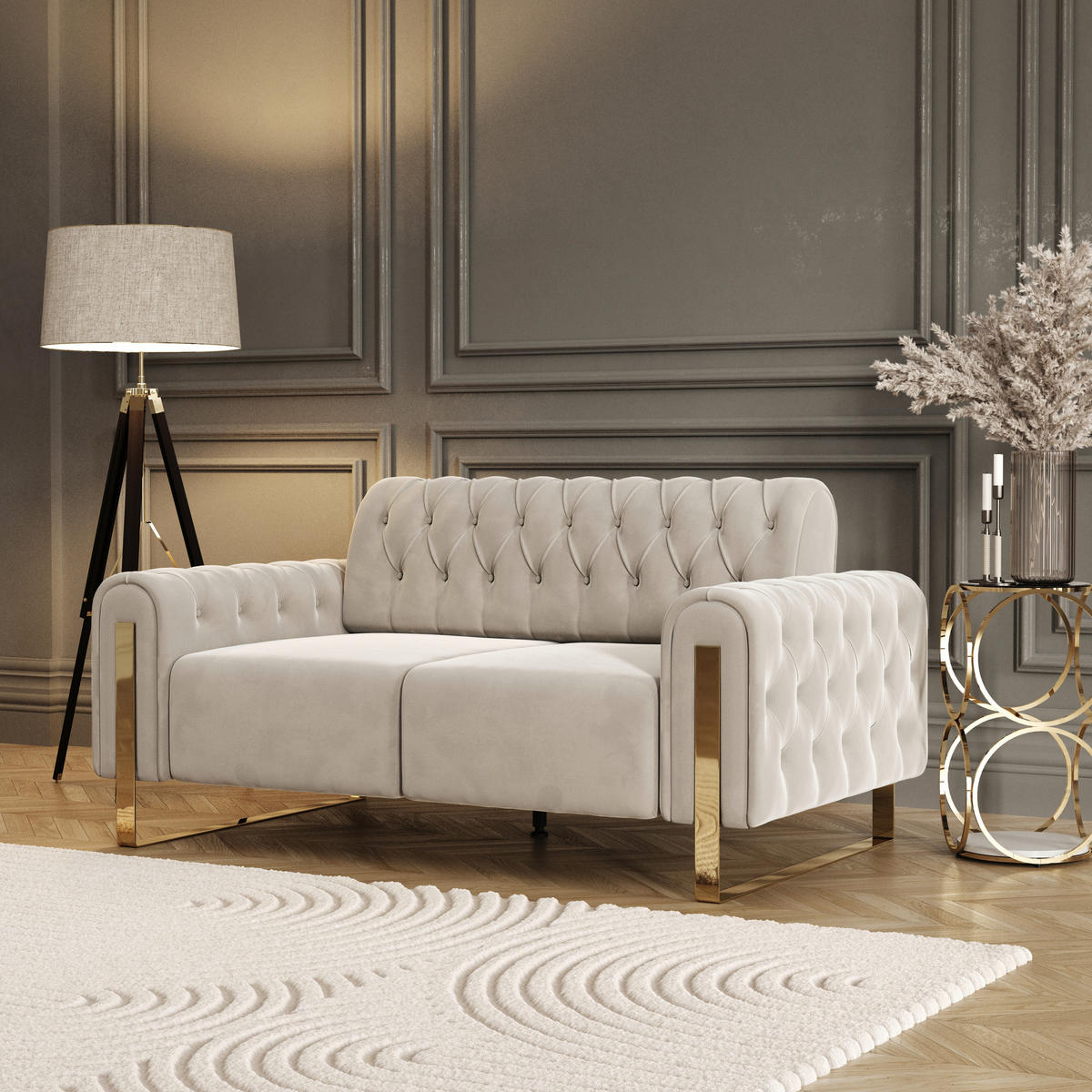 2-SITZER-SOFA Velours Beige  - Beige/Goldfarben, KONVENTIONELL, Textil/Metall (194/90/97cm) - Carryhome