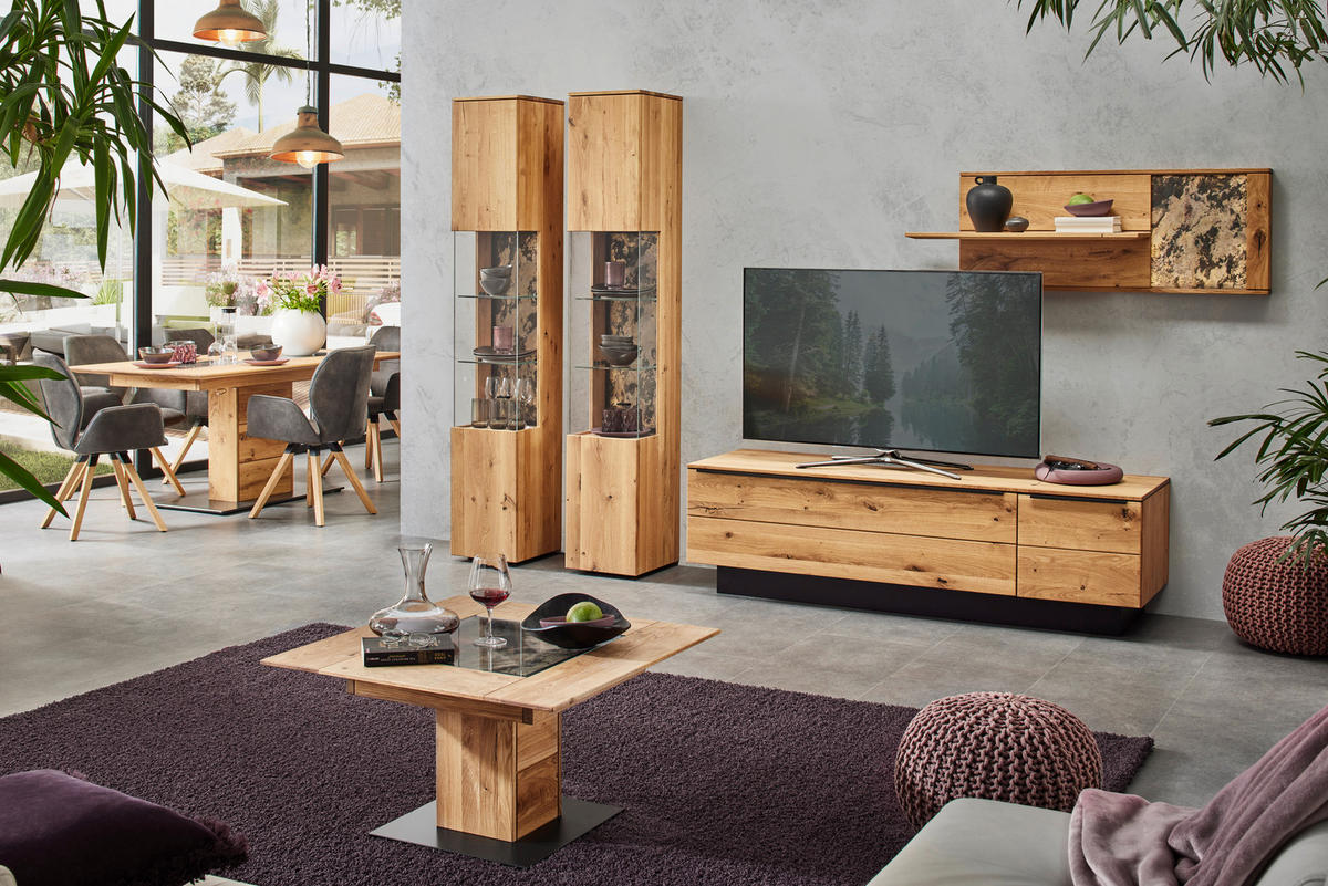 WOHNWAND  in Eichefarben  298/205,7/53,7 cm  - Eichefarben/Schwarz, Natur, Glas/Holz (298/205,7/53,7cm) - Valnatura