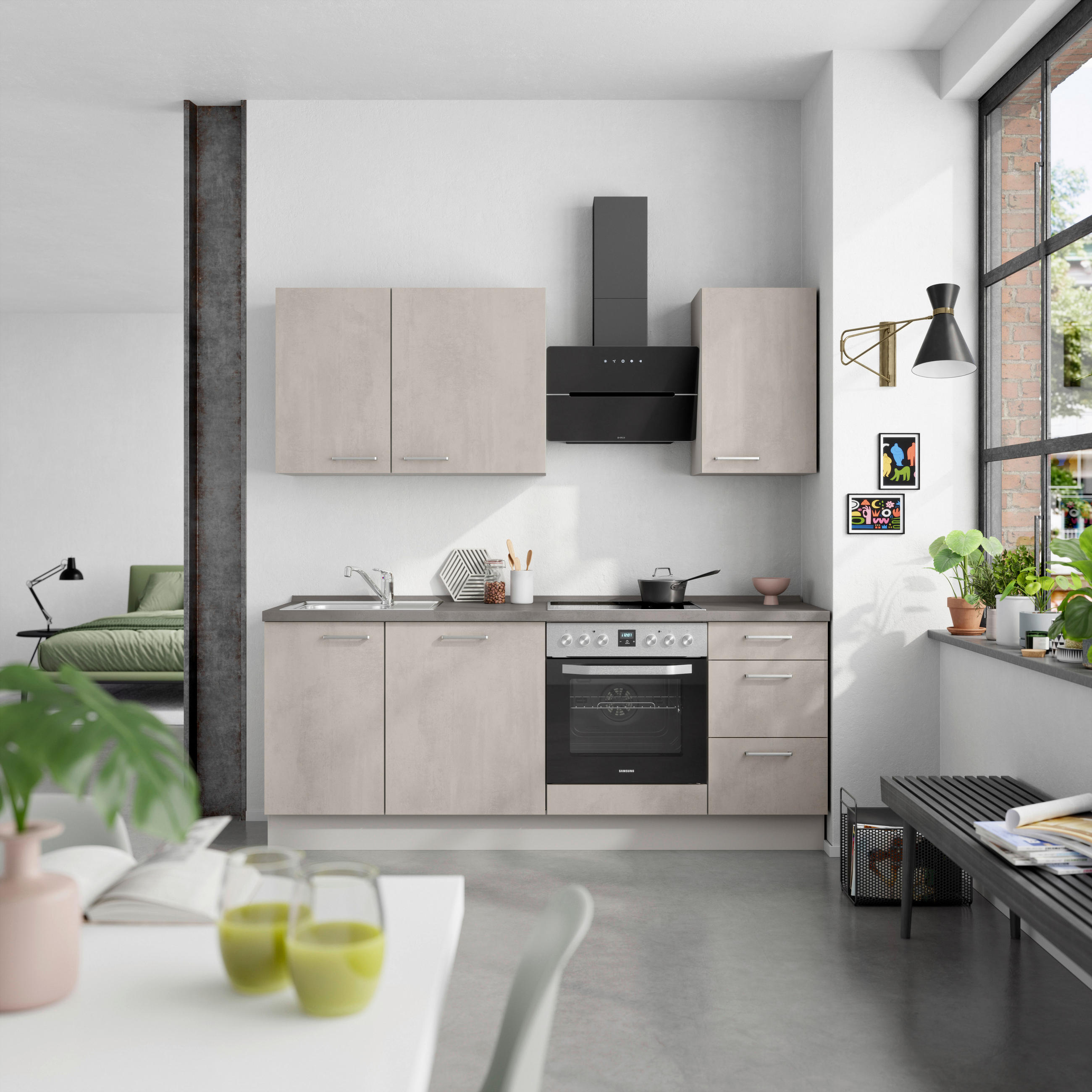KÜCHENBLOCK Riva 210 cm  in Grau, Schieferfarben  - Schieferfarben/Edelstahlfarben, MODERN, Holzwerkstoff/Metall (210cm) - Nobilia