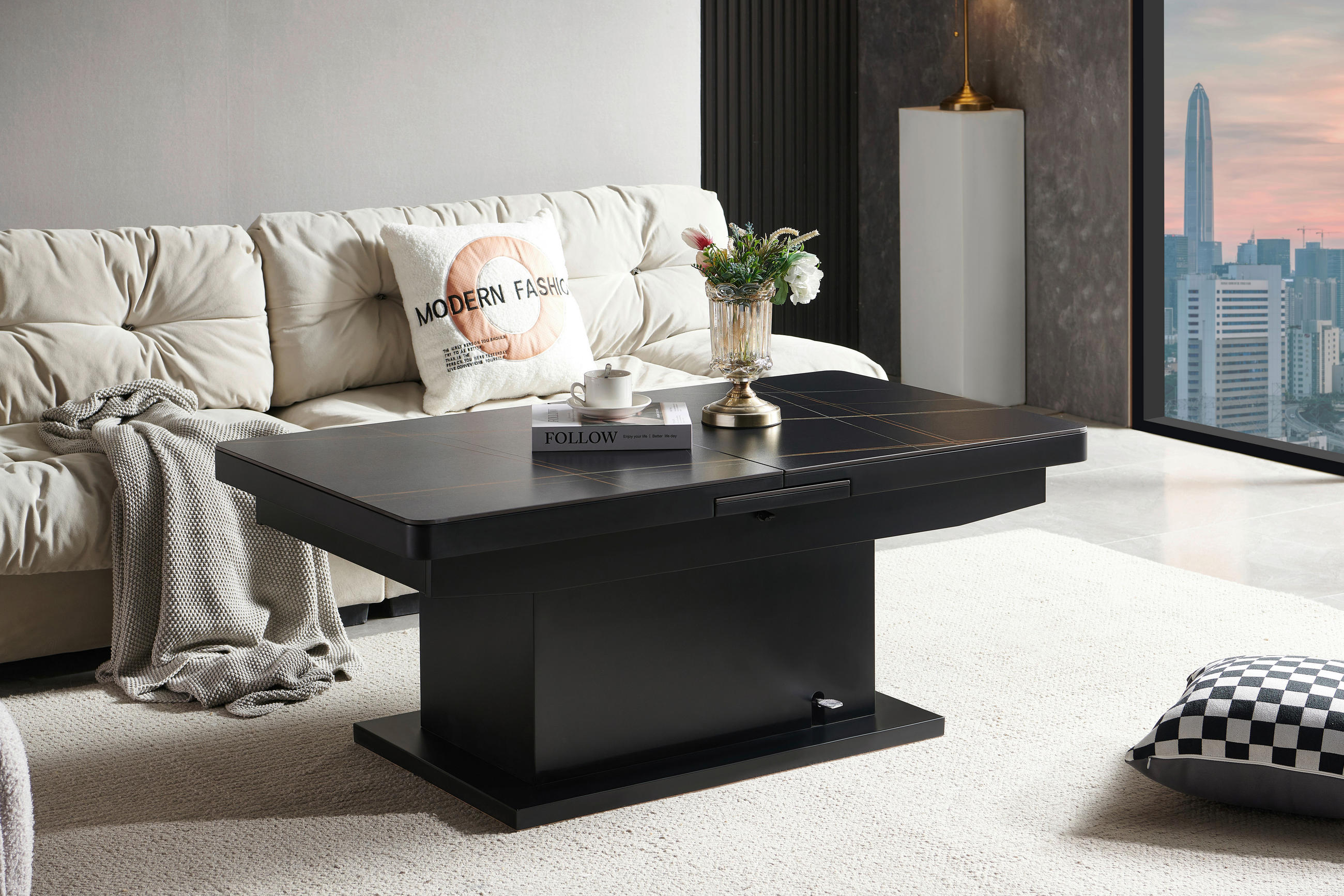 COUCHTISCH 125-150/49,5-79/70 cm rechteckig Schwarz  - Schwarz, Design, Keramik/Metall (125-150/49,5-79/70cm) - Livetastic