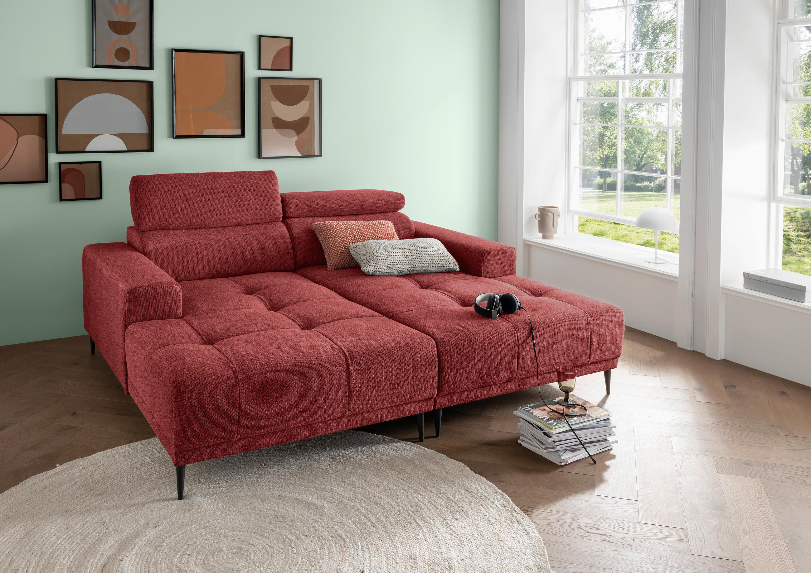 ECKSOFA in Chenille Rot  - Rot/Schwarz, Konventionell, Textil/Metall (200/188cm) - Livetastic