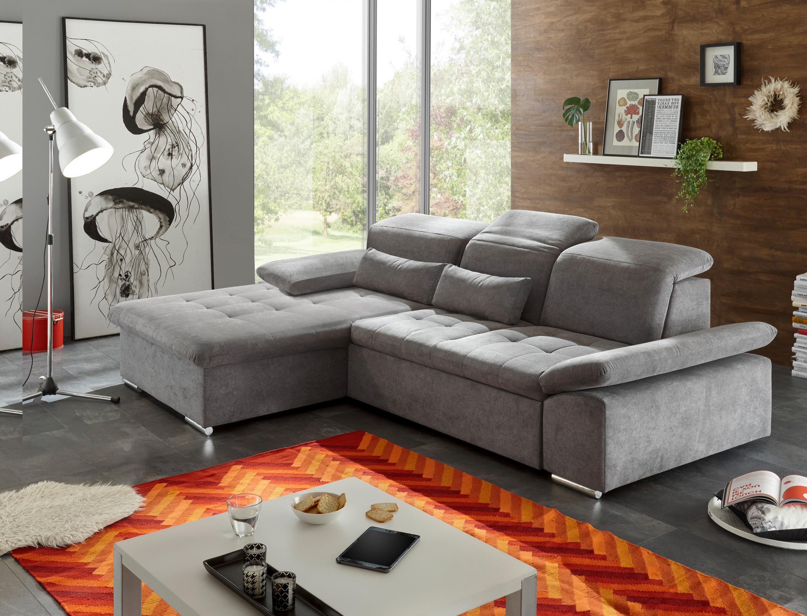 ECKSOFA Grau Mikrovelours  - Silberfarben/Grau, KONVENTIONELL, Kunststoff/Textil (188/276cm) - MID.YOU