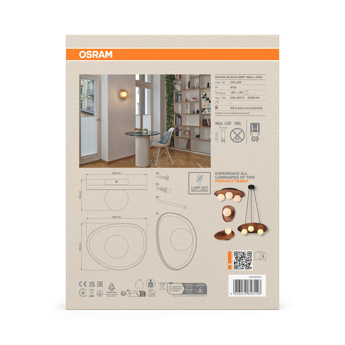 WANDLEUCHTE 20/13,5/26 cm   - Akaziefarben, Basics, Glas/Holz (20/13,5/26cm) - Osram
